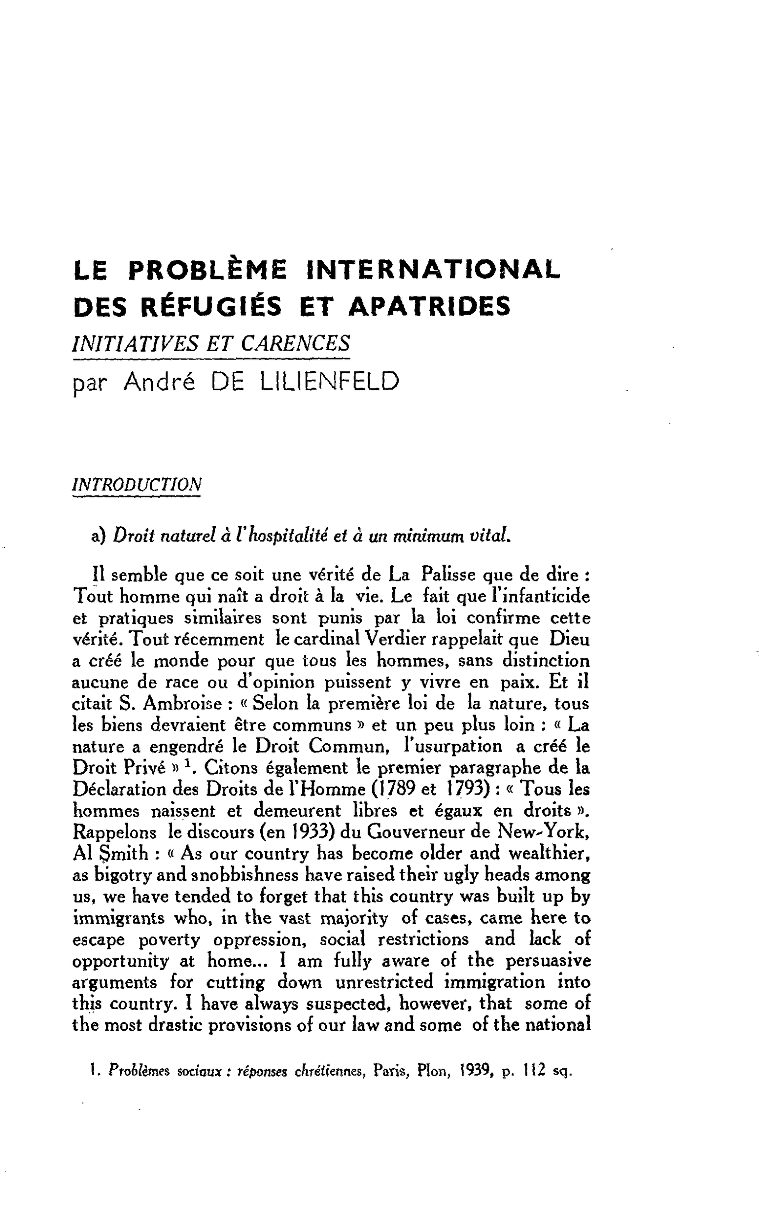 LE PROBLÈME INTERNATIONAL DES RÉFUGIÉS ET APATRIDES INITIATIVES ET CARENCES