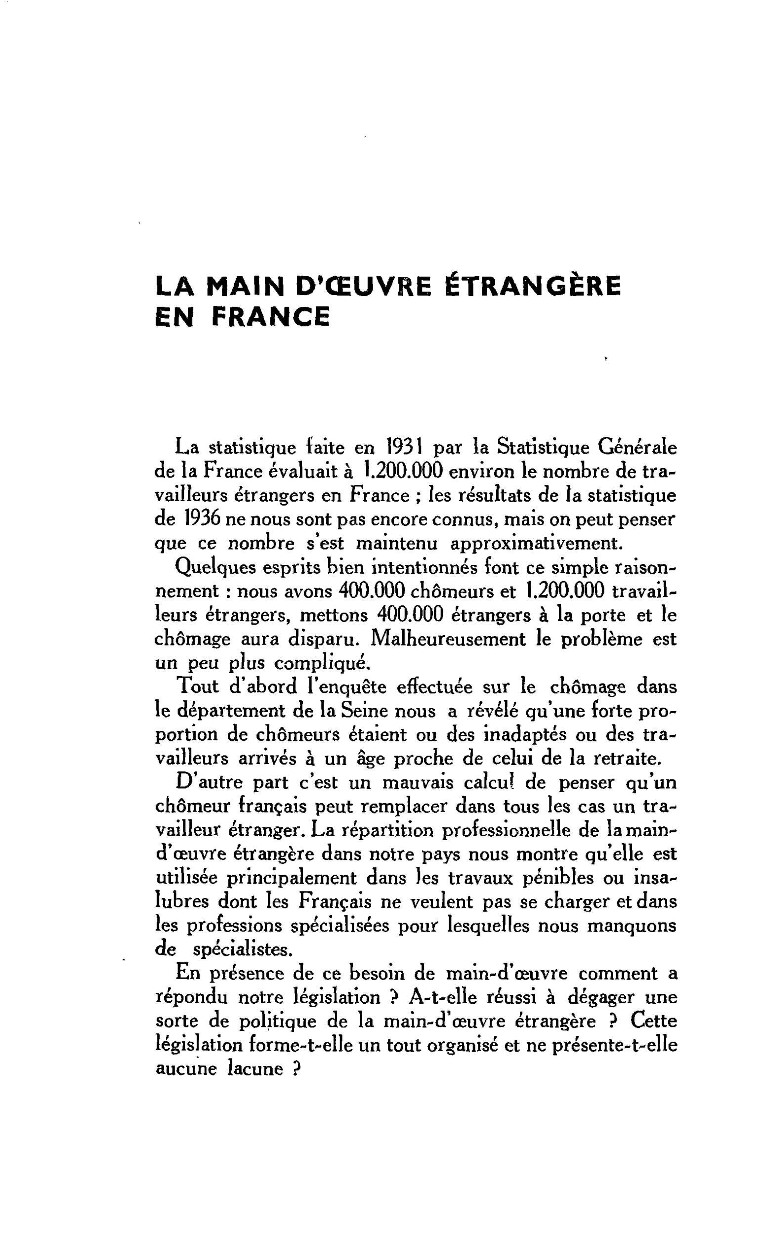 LA MAIN D’OEUVRE ÉTRANGÈRE EN FRANCE