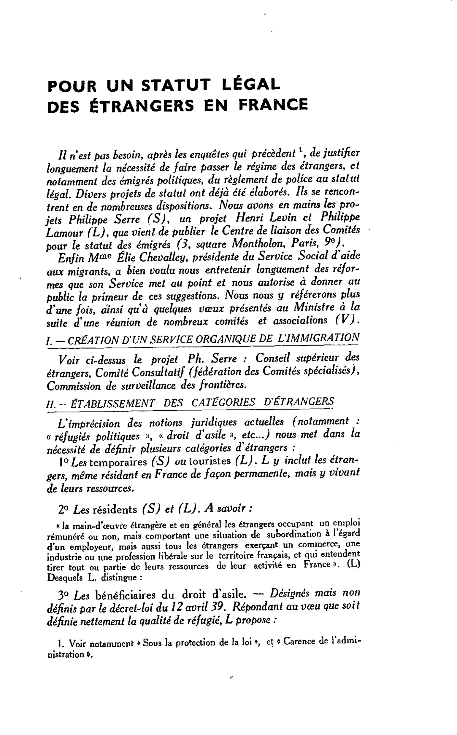 POUR UN STATUT LÉGAL DES ÉTRANGERS EN FRANCE
