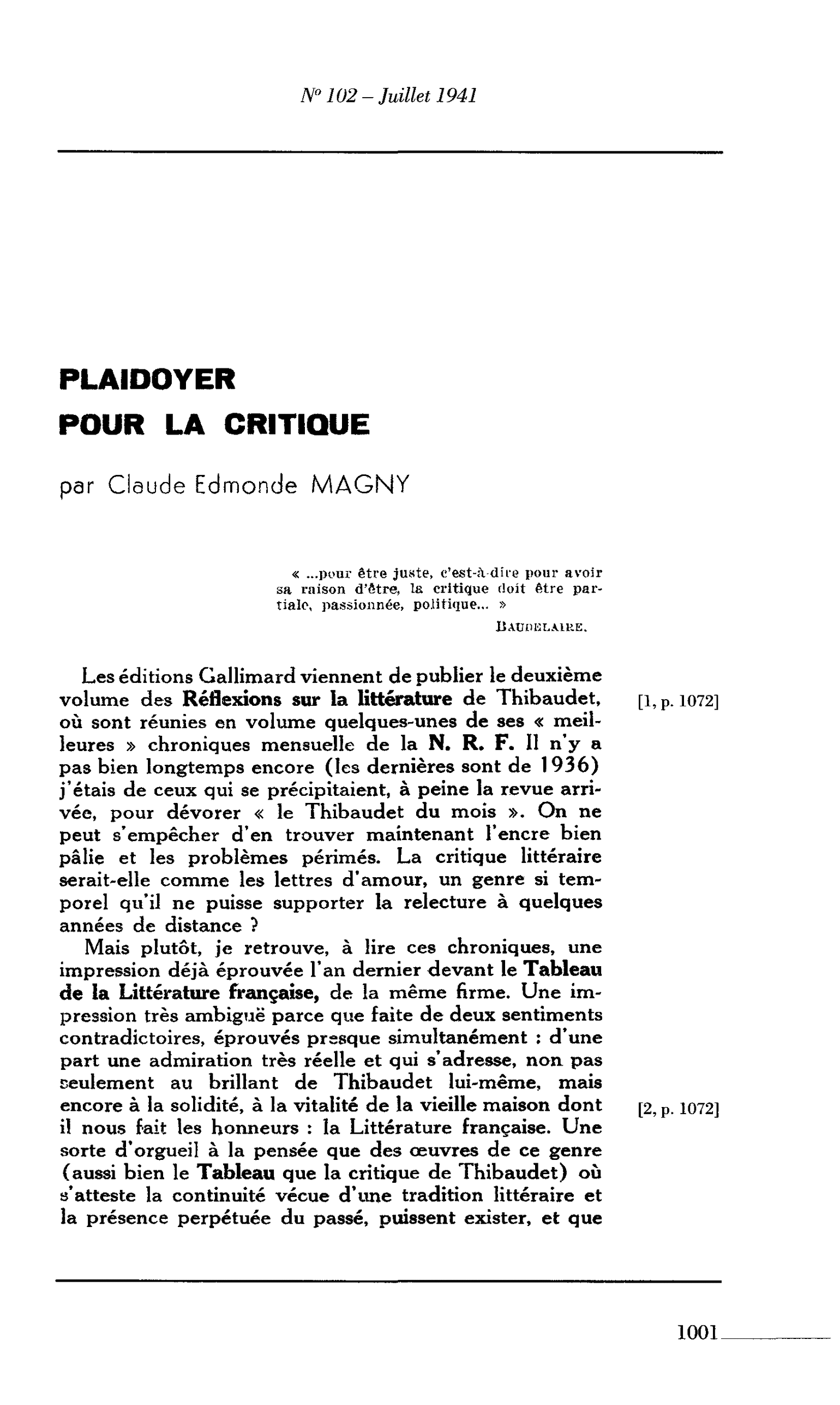 PLAIDOYER POUR LA CRITIQUE