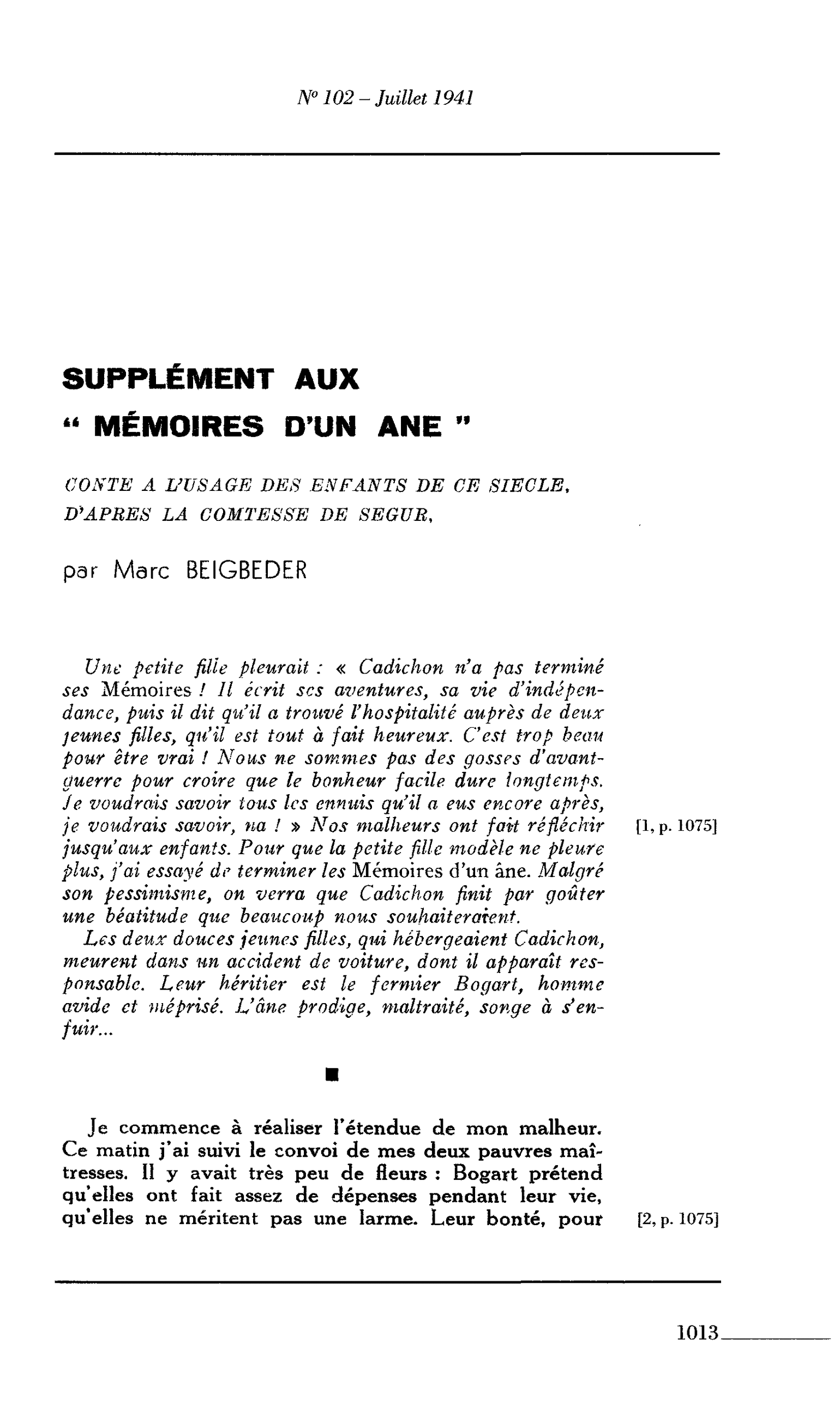 SUPPLÉMENT AUX « MÉMOIRES D’UN ANE »