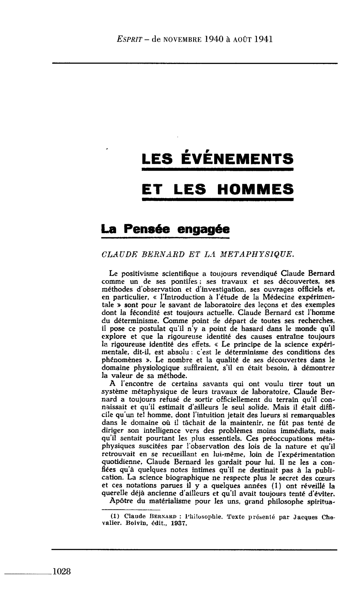La Pensée engagée : CLAUDE BERNARD ET LA METAPHYSIQUE