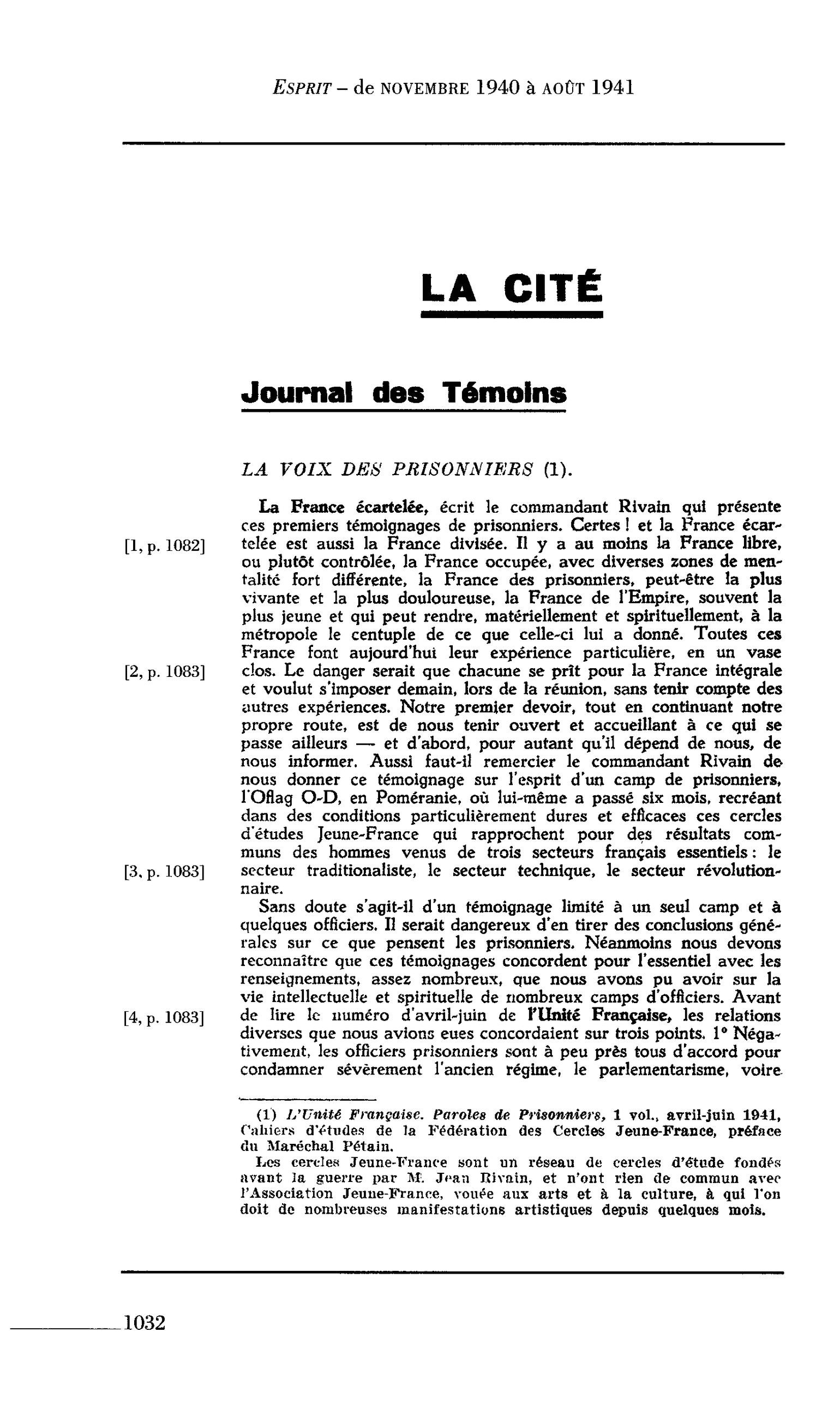 La Cité. Journal des Témoins : la voix des prisonniers (1)