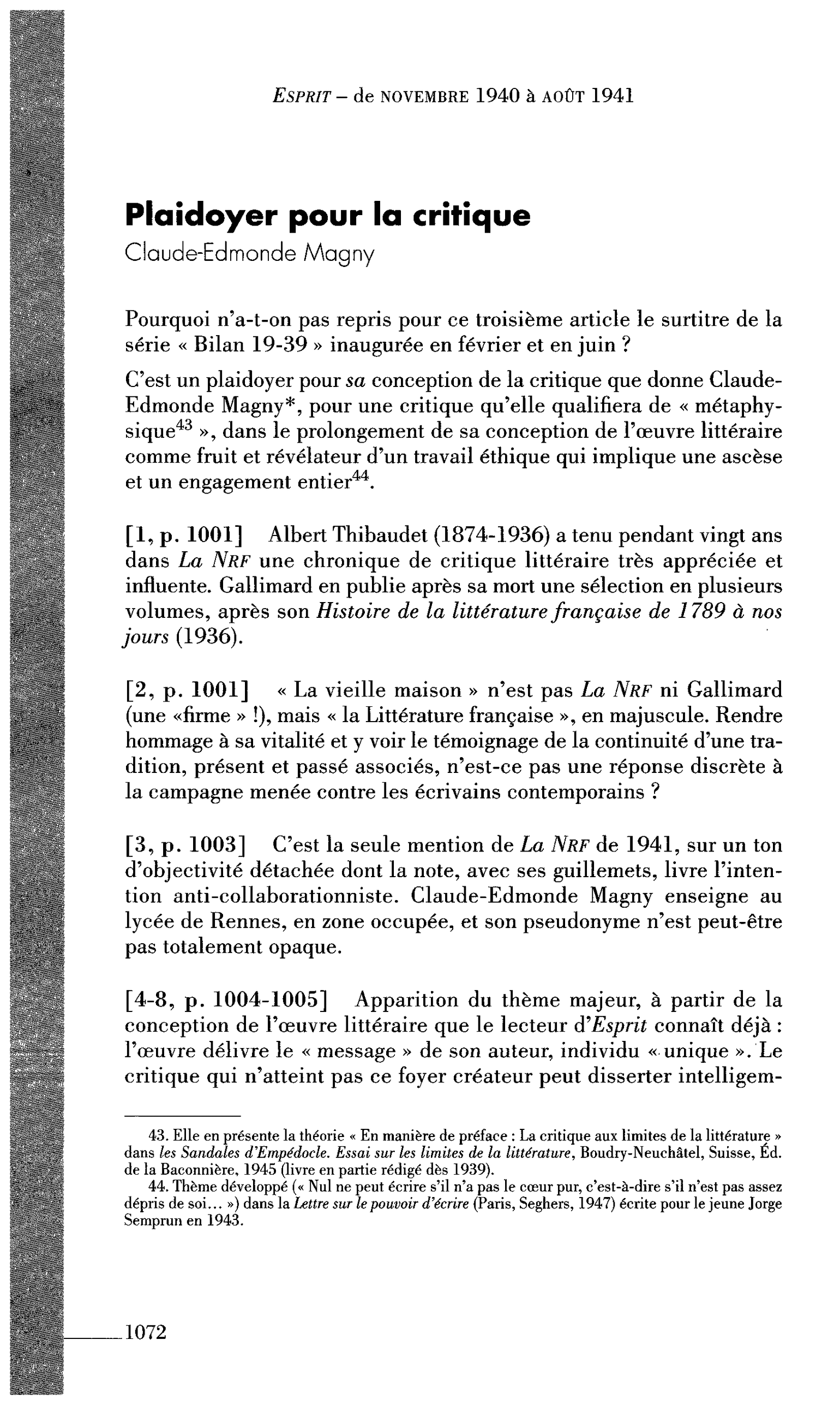 Plaidoyer pour la critique (par Magny Claude-Edmonde)