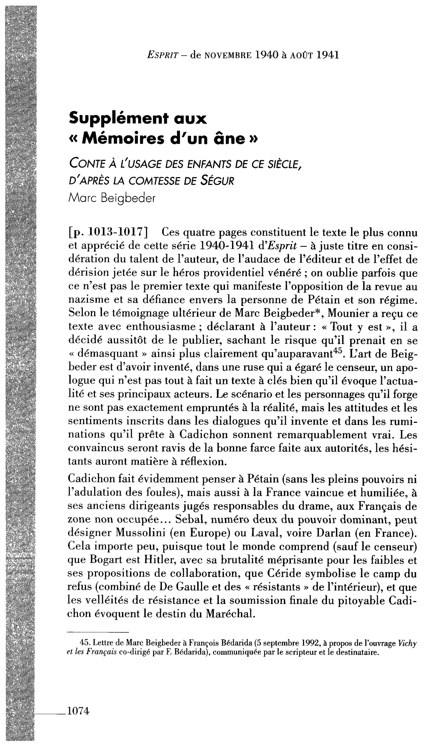 Supplément aux « Mémoires d’un âne ». Conte à l’usage des enfants de ce siècle, d’après la comtesse de Ségur (par Beigbeder Marc)