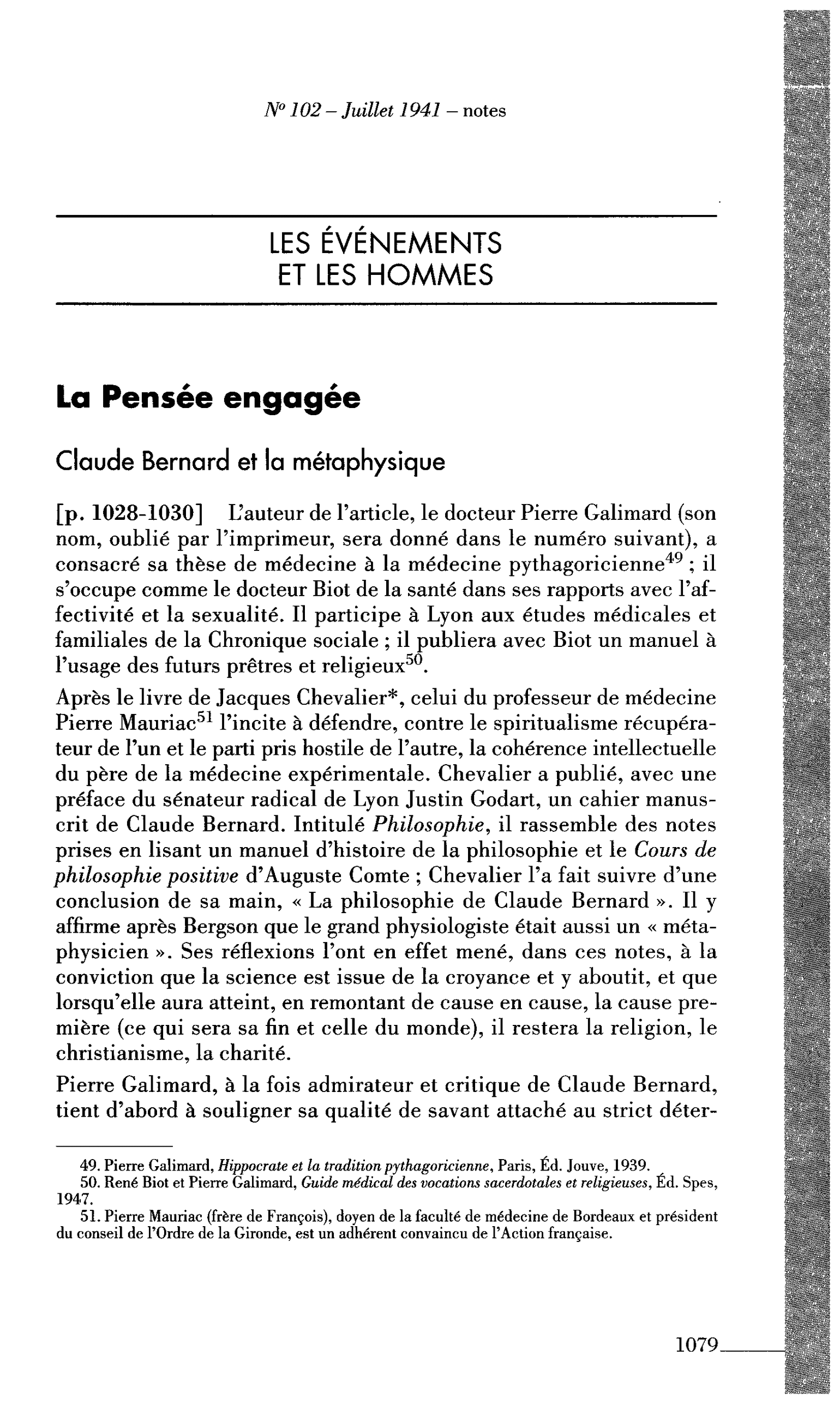 La Pensée engagée : Claude Bernard et la métaphysique