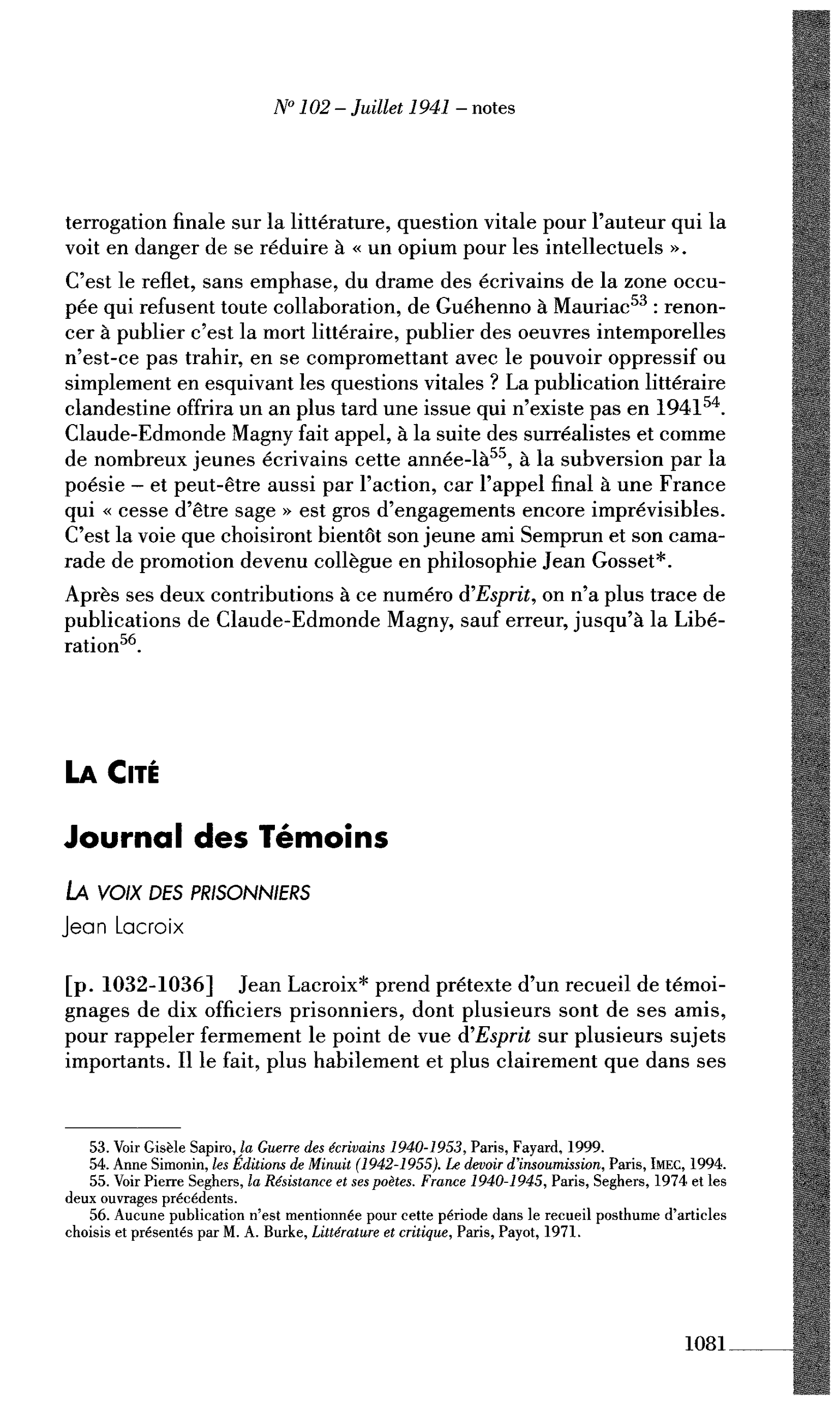 La Cité. Journal des Témoins : La voix des prisonniers (par Lacroix Jean)