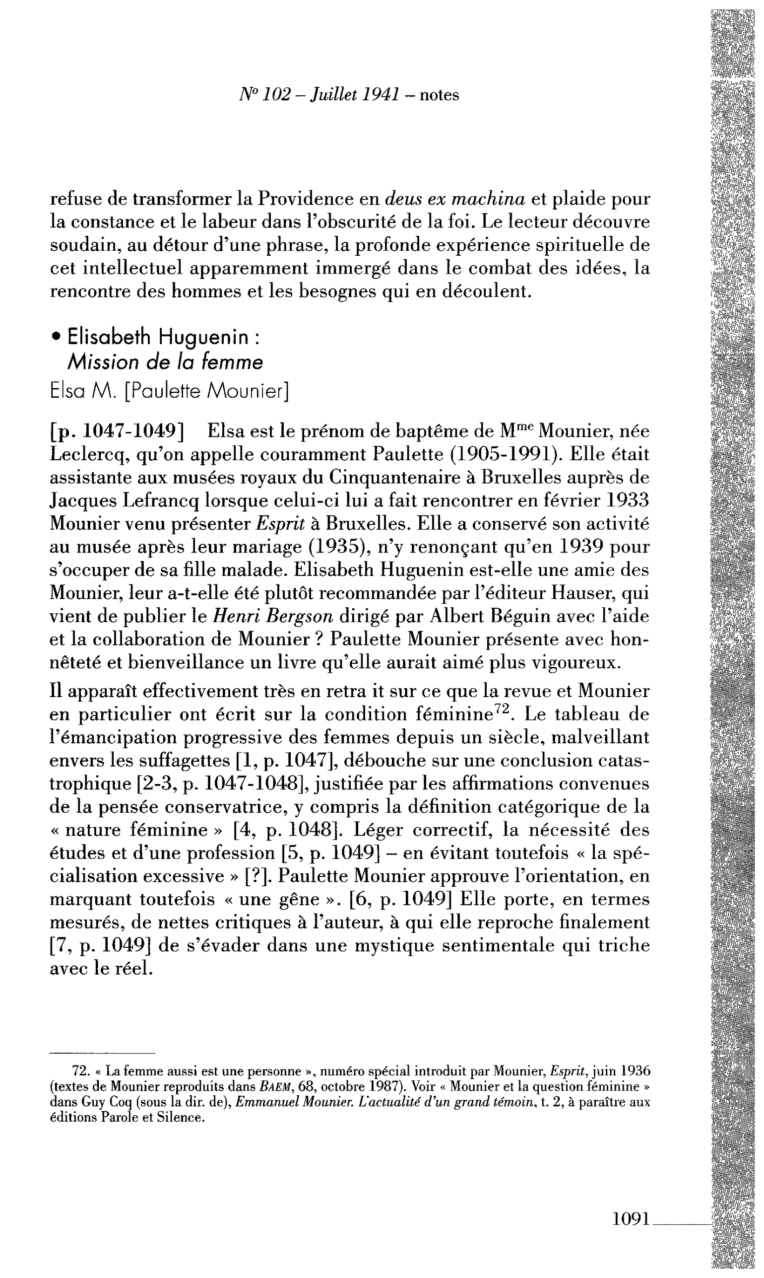 La Cité. Journal des Témoins. Elisabeth Huguenin : Mission de la femme (par Mounier Elsa)