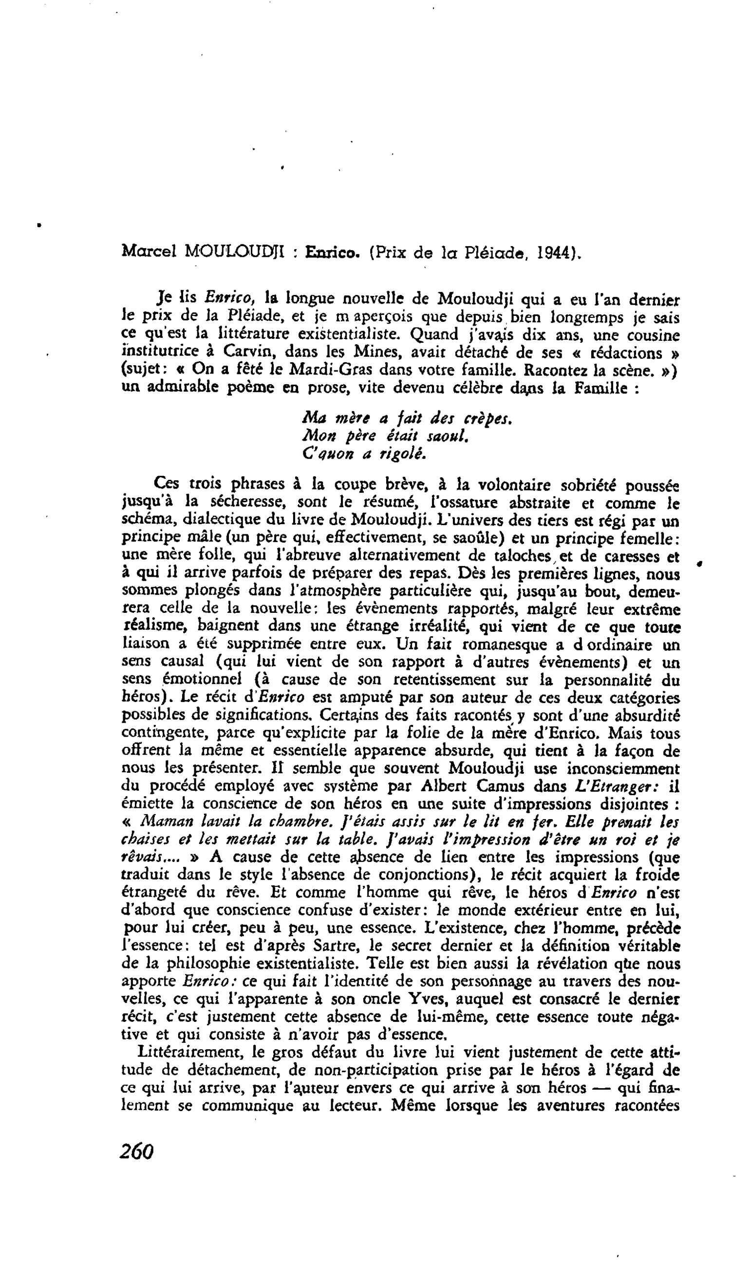 LES LETTRES. Marcel MOULOUDJI : Enrico. (Prix de la Pléiade, 1944)