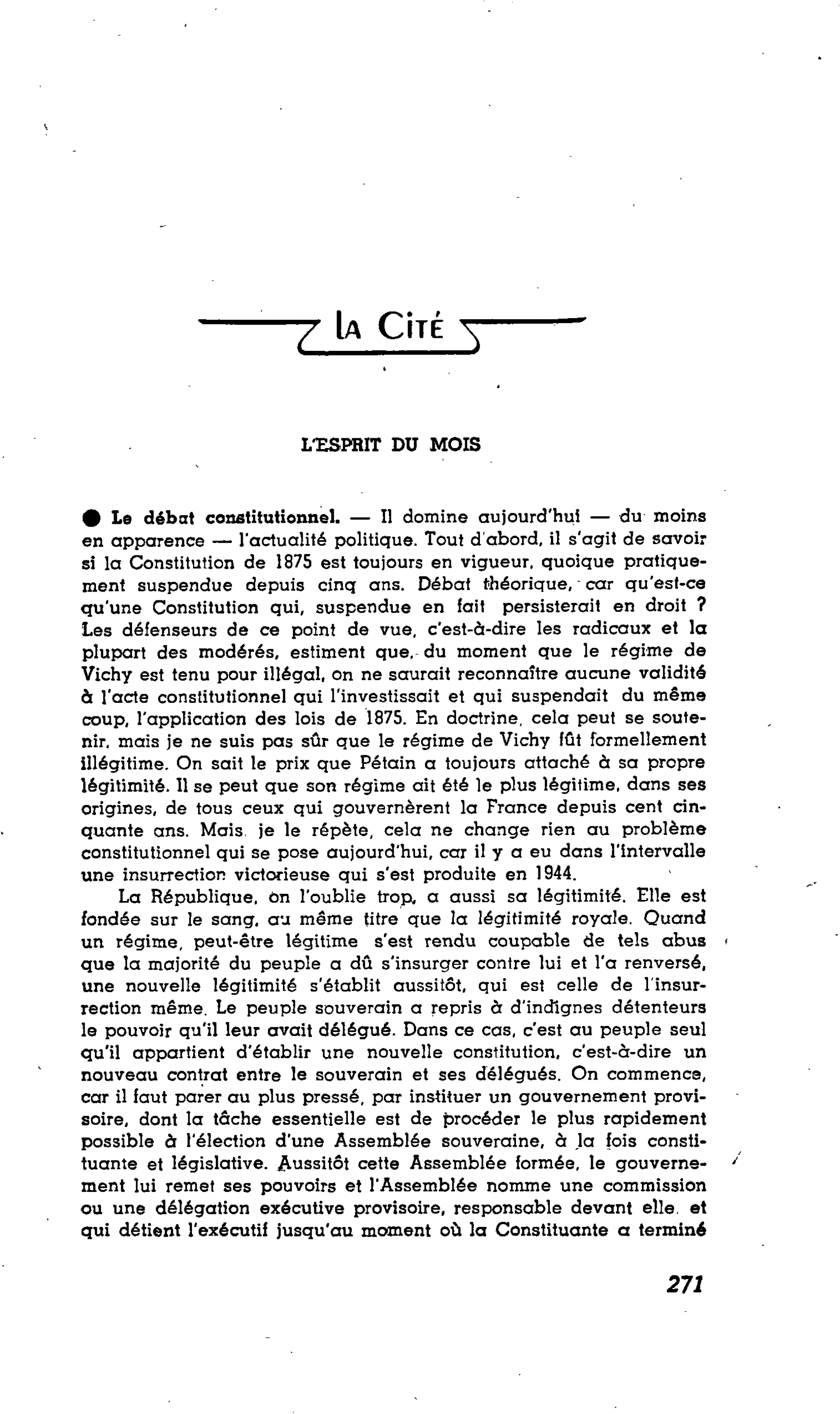 LA CITE. L’ESPRIT DU MOIS : Le débat constitutionnel