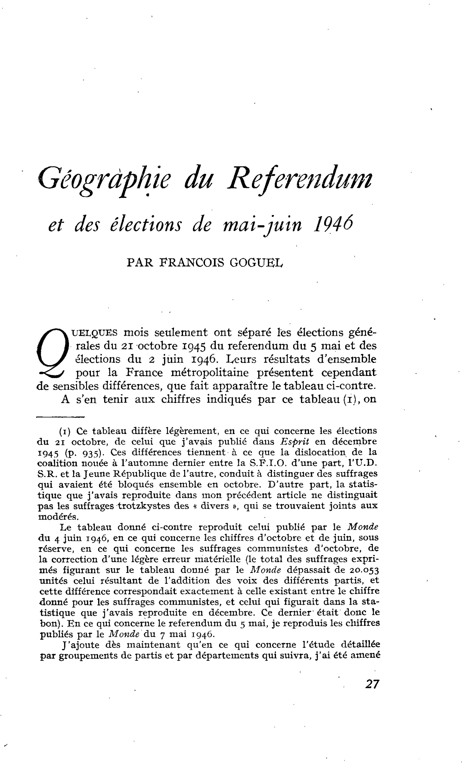 Géographie du Référendum et des élections de mai-juin 1946