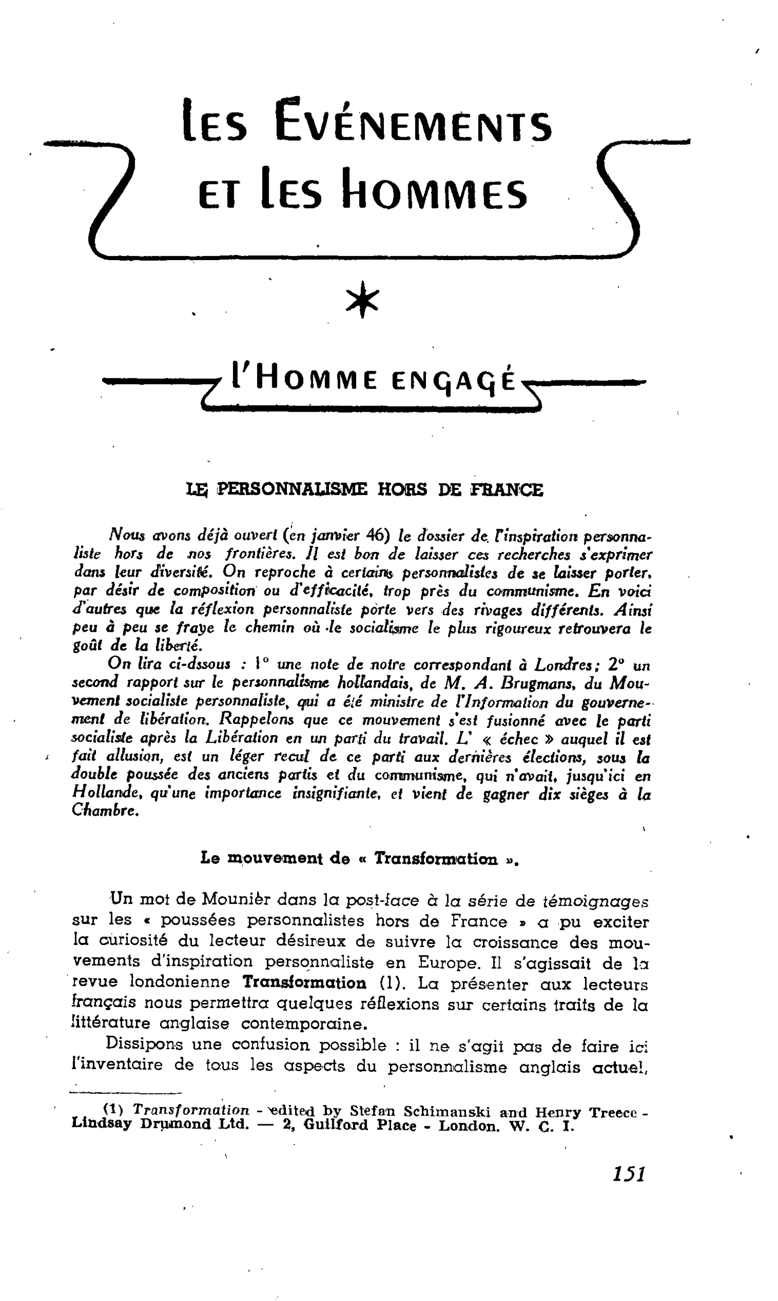 L’HOMME ENGAGÉ : LE PERSONNALISME HORS DE FRANCE