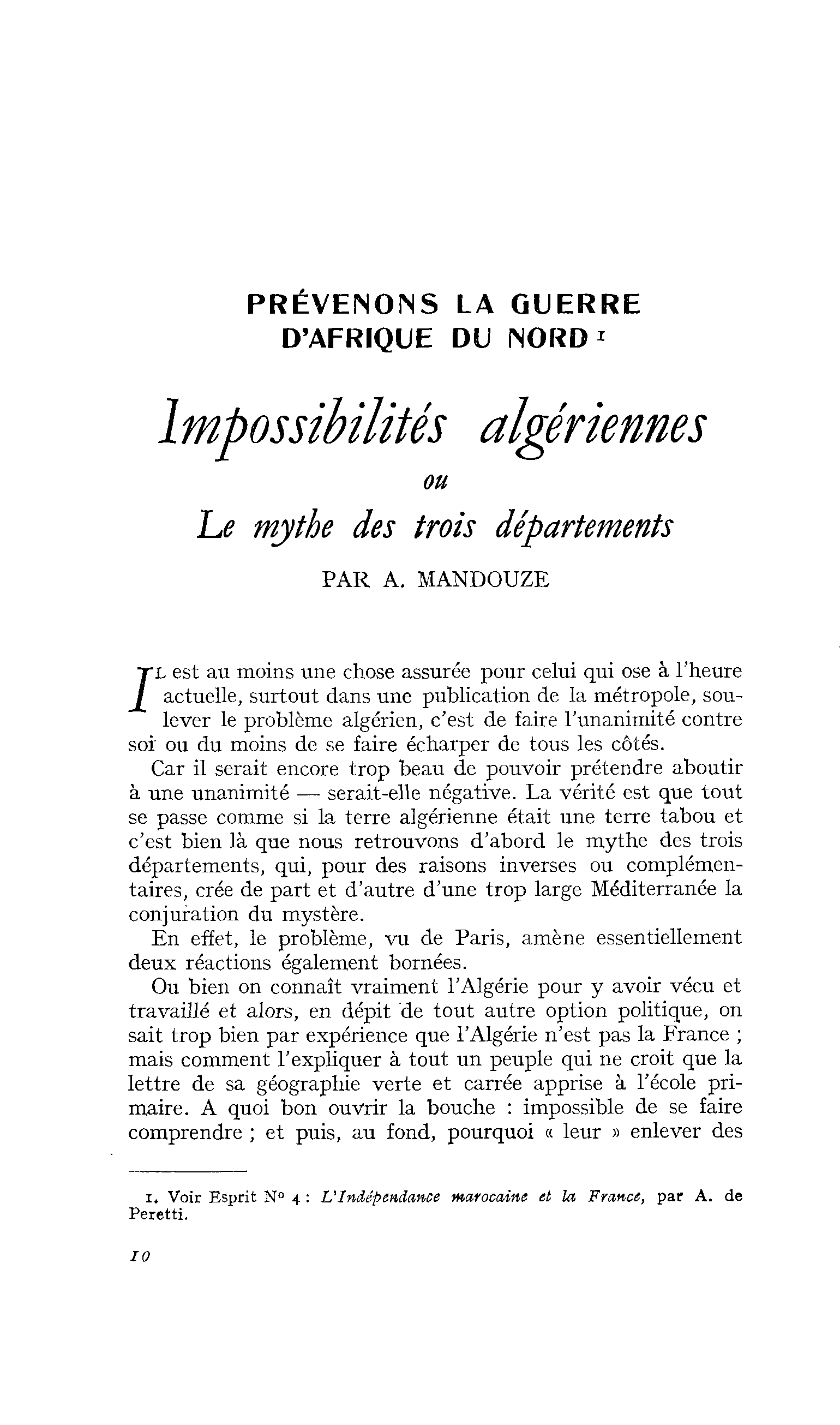 Impossibilités algériennes ou Le mythe des trois départements