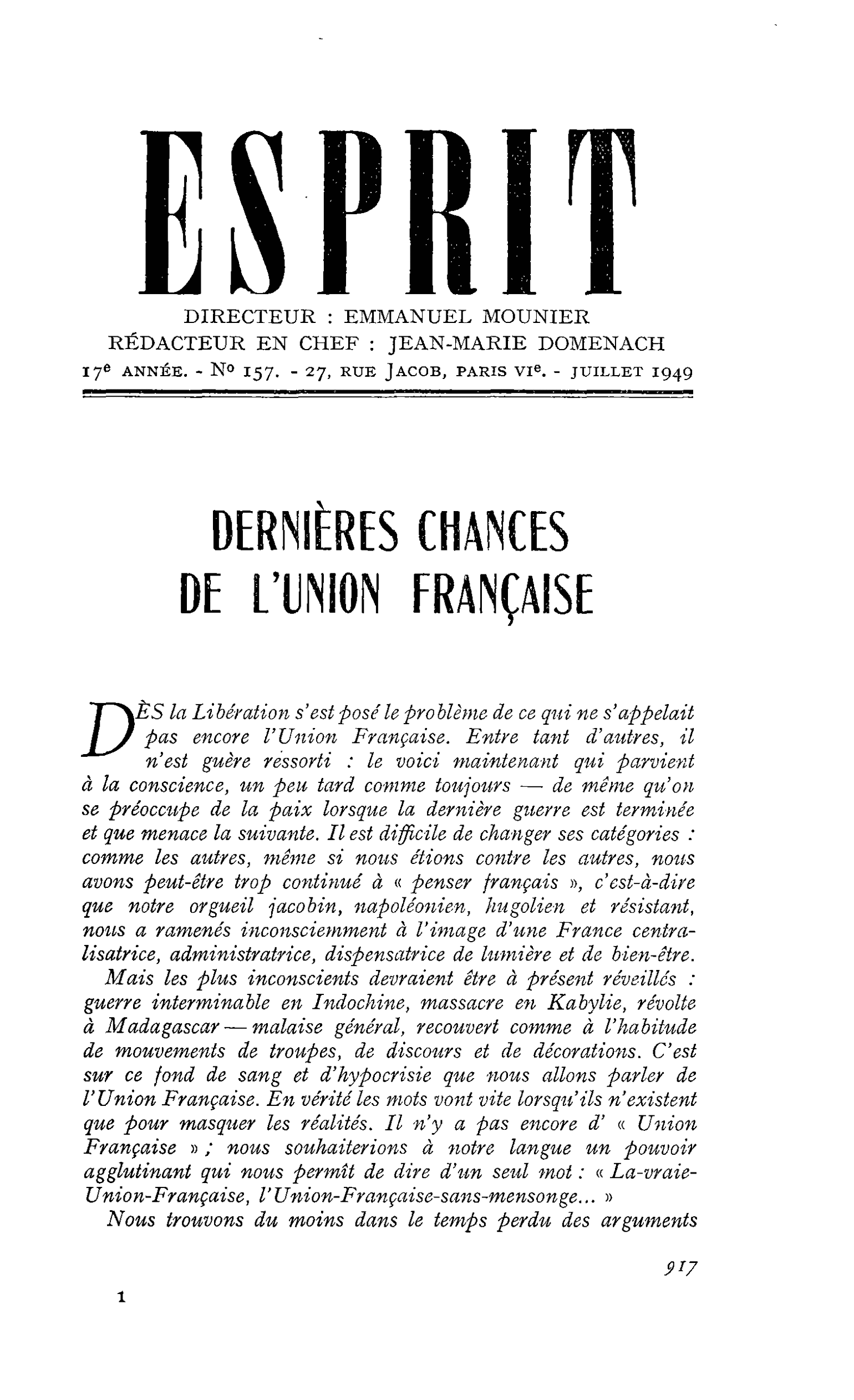 DERNIÈRES CHANCES DE L’UNION FRANÇAISE