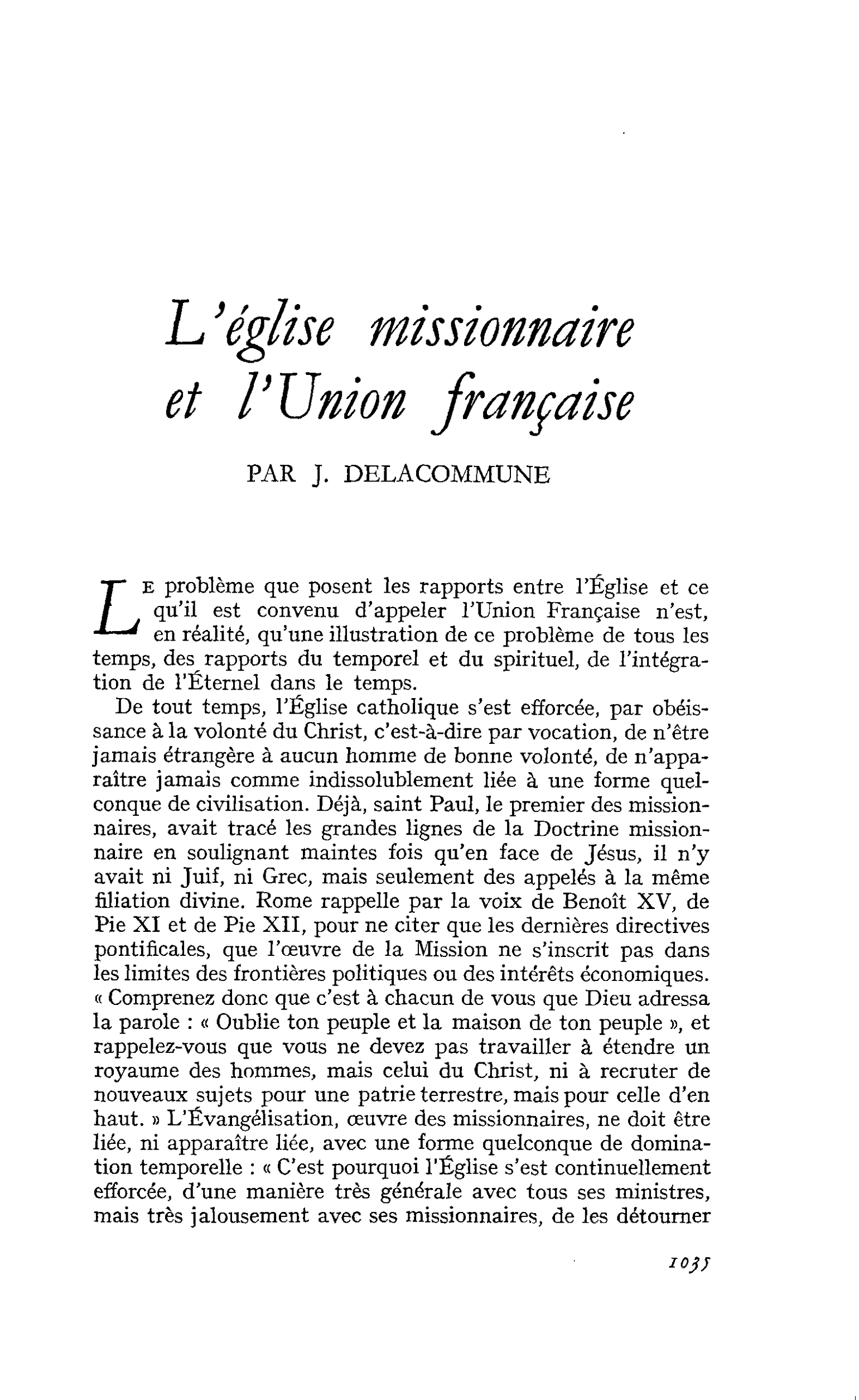L’église missionnaire et l’Union française