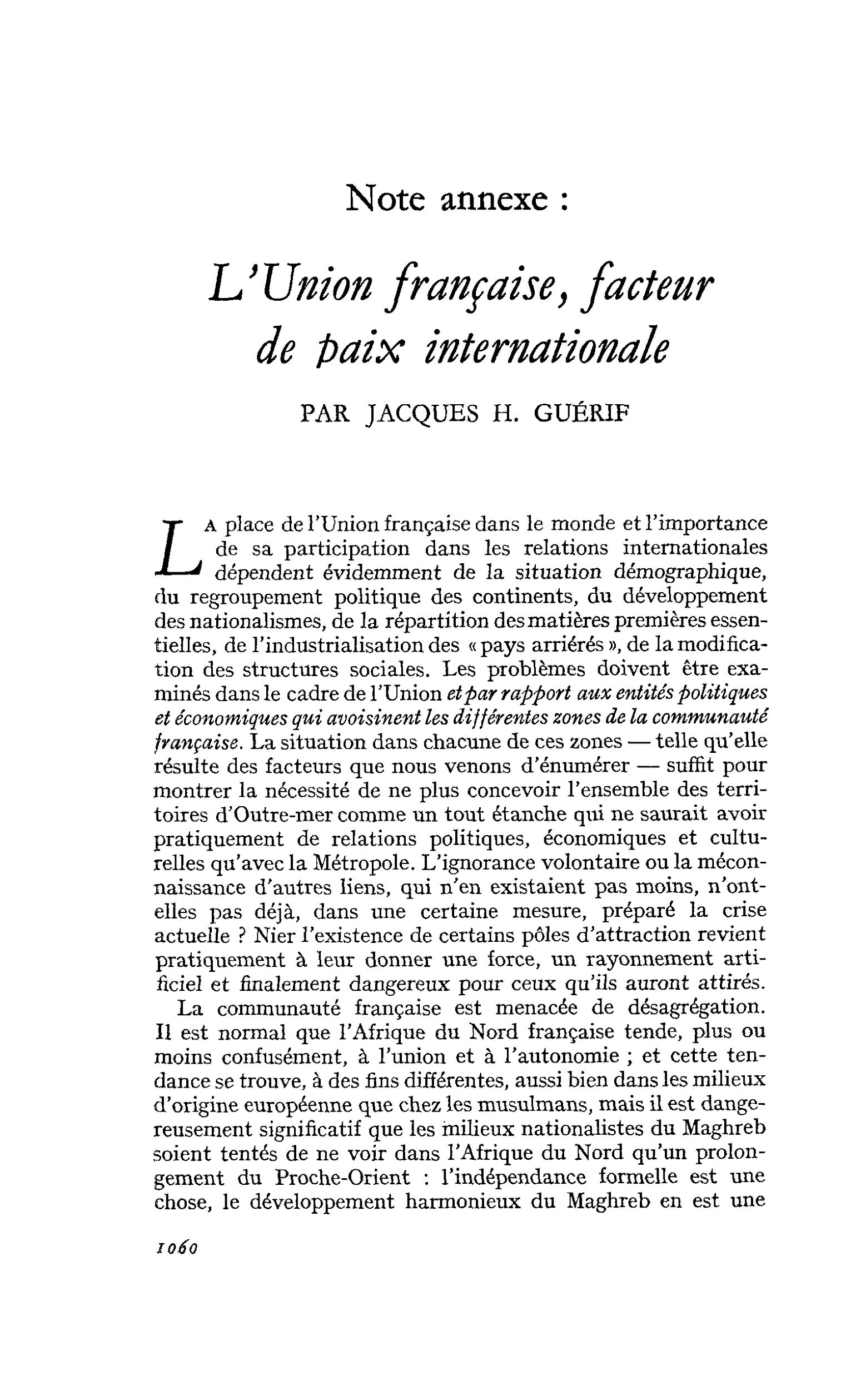 Note annexe : L’Union française, facteur de paix internationale