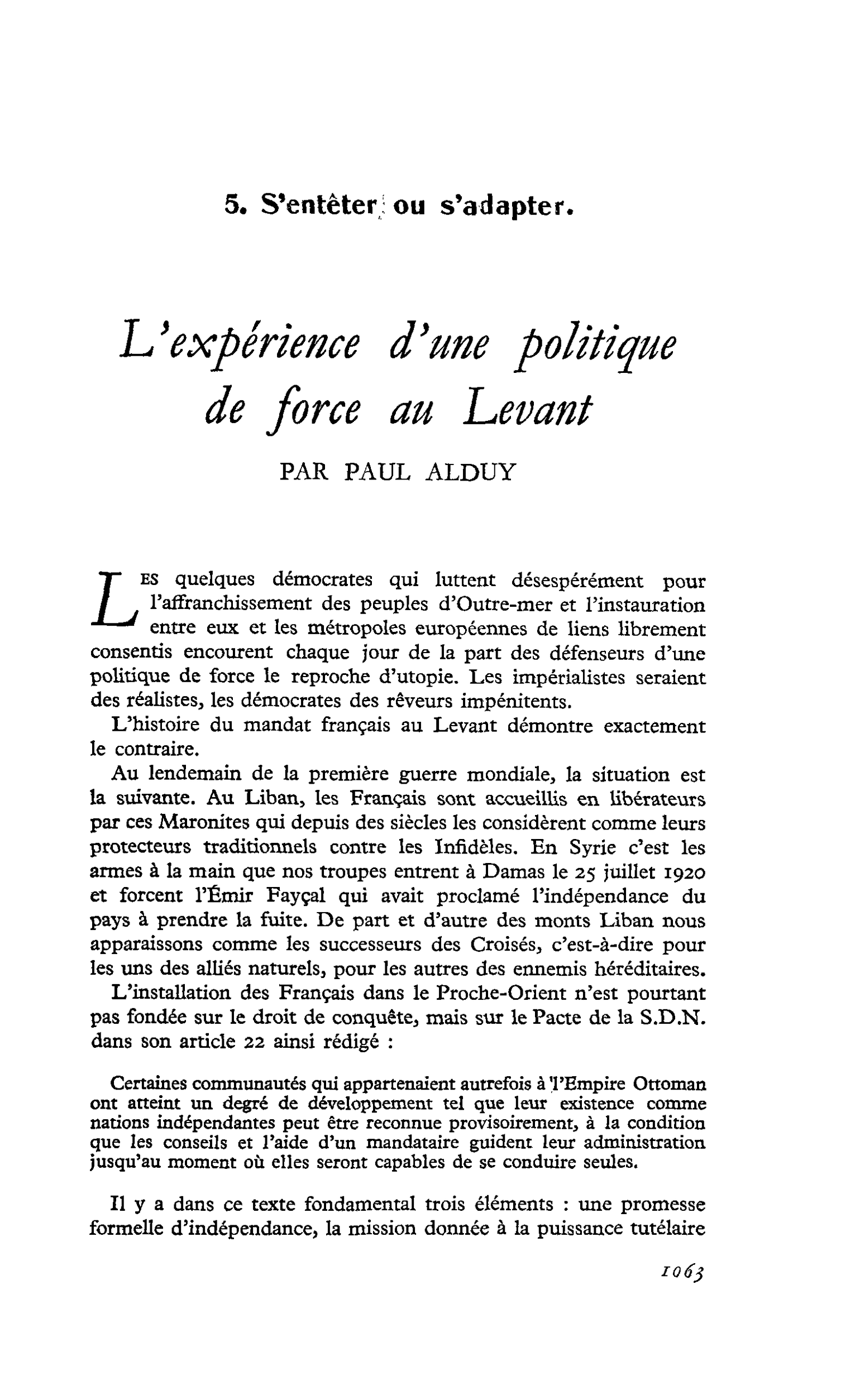 L’expérience d’une politique de force au Levant