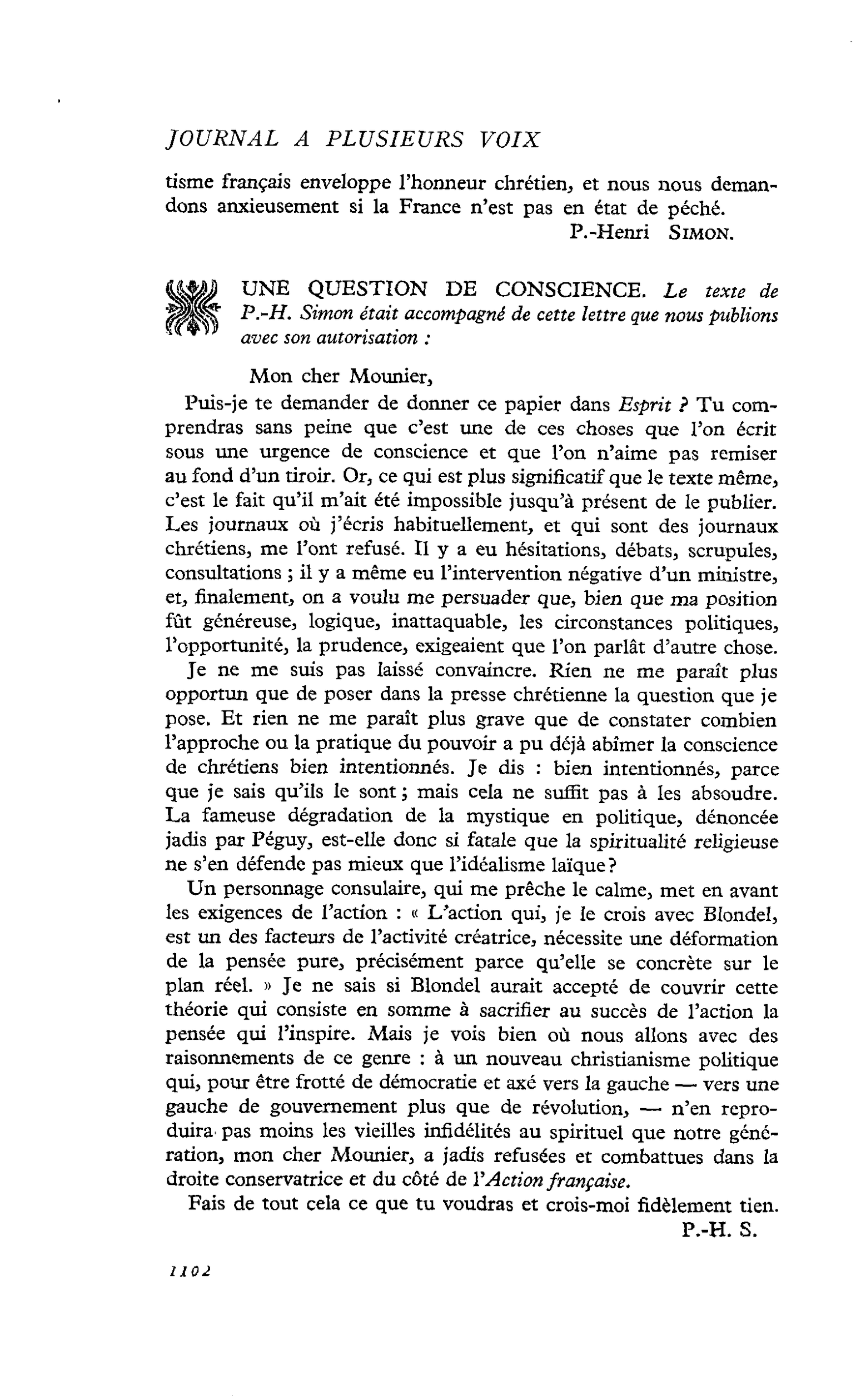 UNE QUESTION DE CONSCIENCE