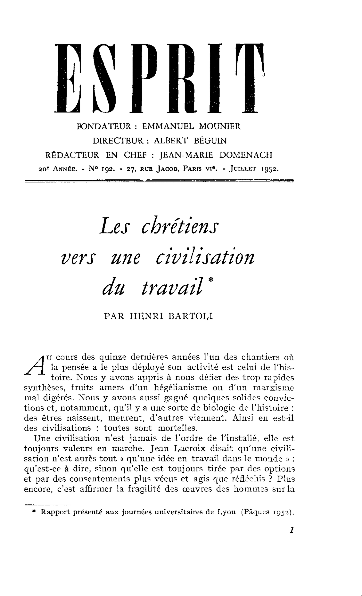 Les chrétiens vers une civilisation du travail