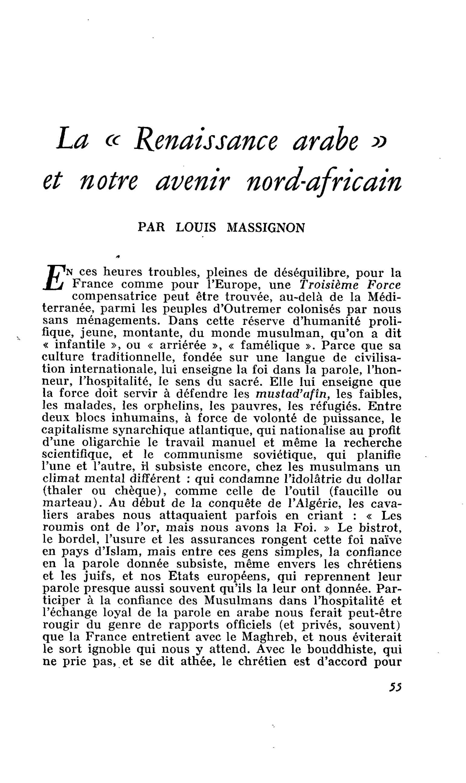 La « Renaissance arabe » et notre avenir nord-africain