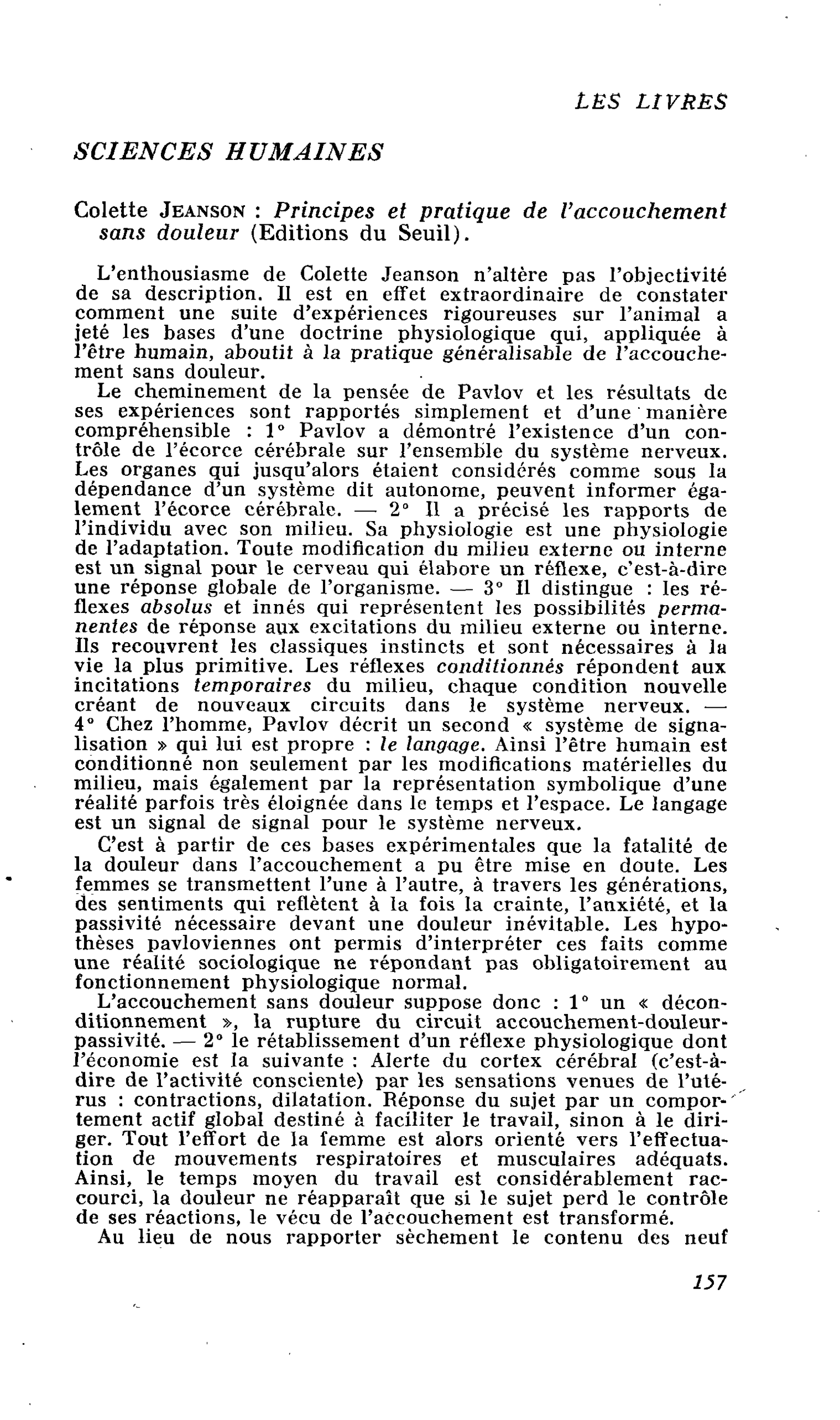 SCIENCES HUMAINES. Colette Jeanson : Principes et pratique de l’accouchement sans douleur