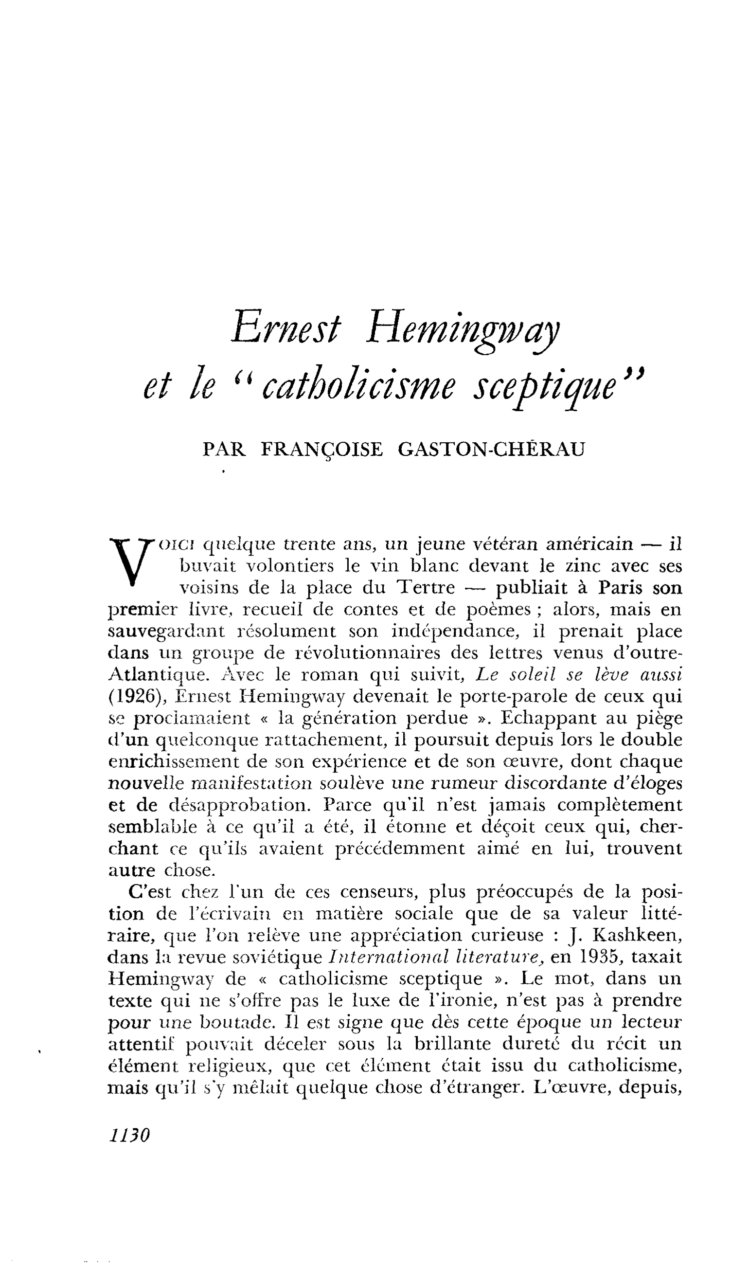 Ernest Hemingway et le « catholicisme sceptique »