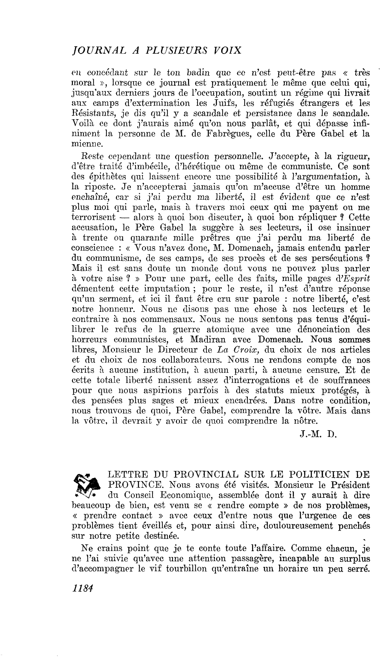 LETTRE DU PROVINCIAL SUR LE POLITICIEN DE PROVINCE