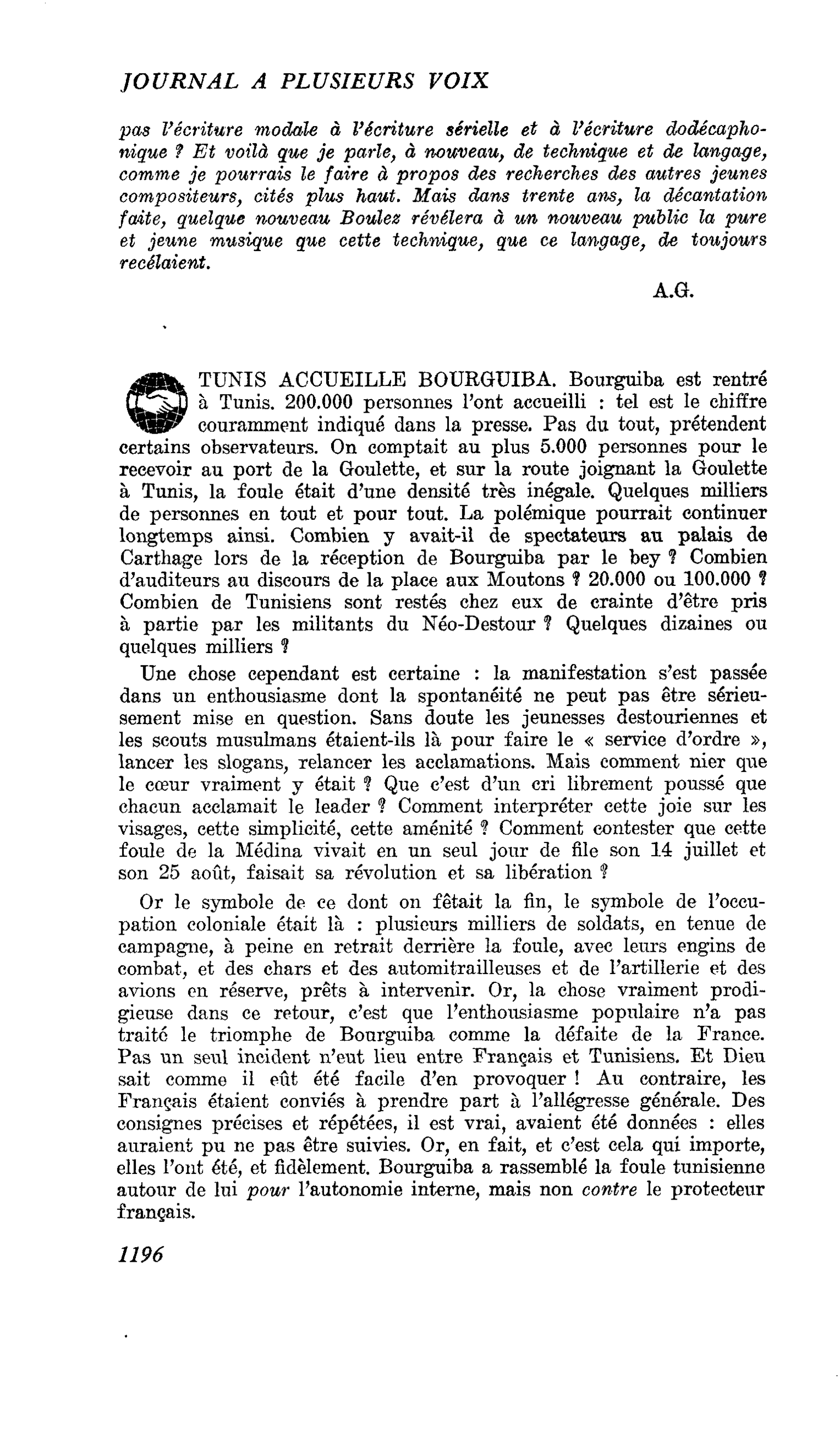 TUNIS ACCUEILLE BOURGUIBA