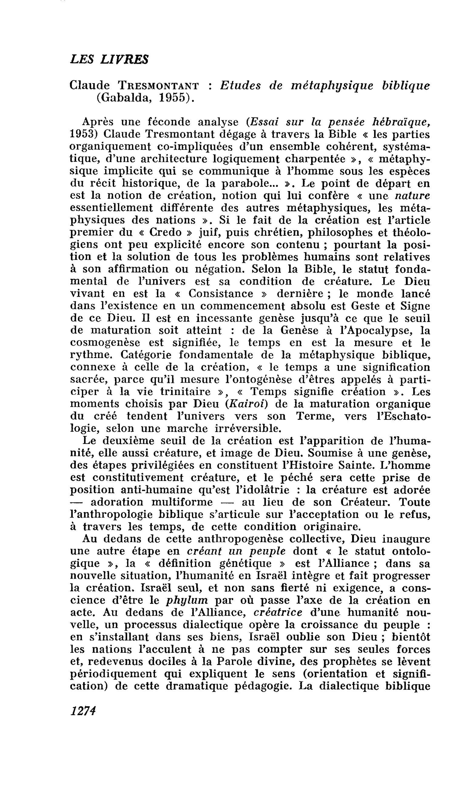 Claude Tresmontant : Etudes de métaphysique biblique