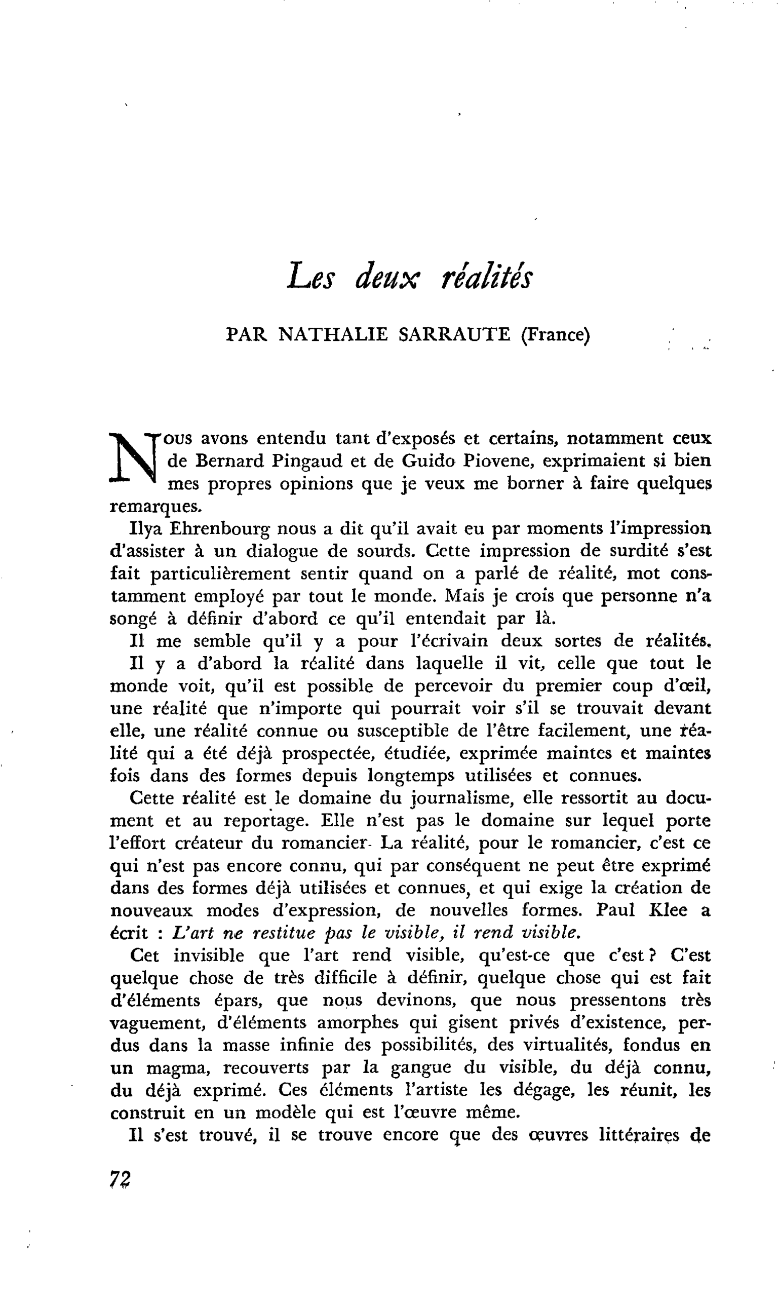Nathalie Sarraute : Les deux réalités