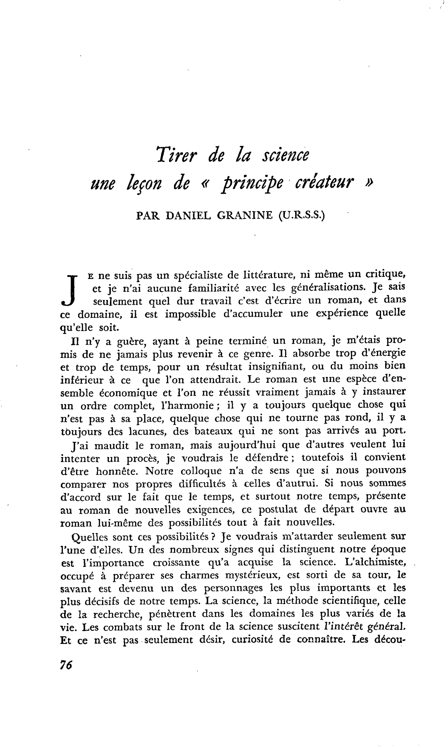 Tirer de la science une leçon de « principe créateur »