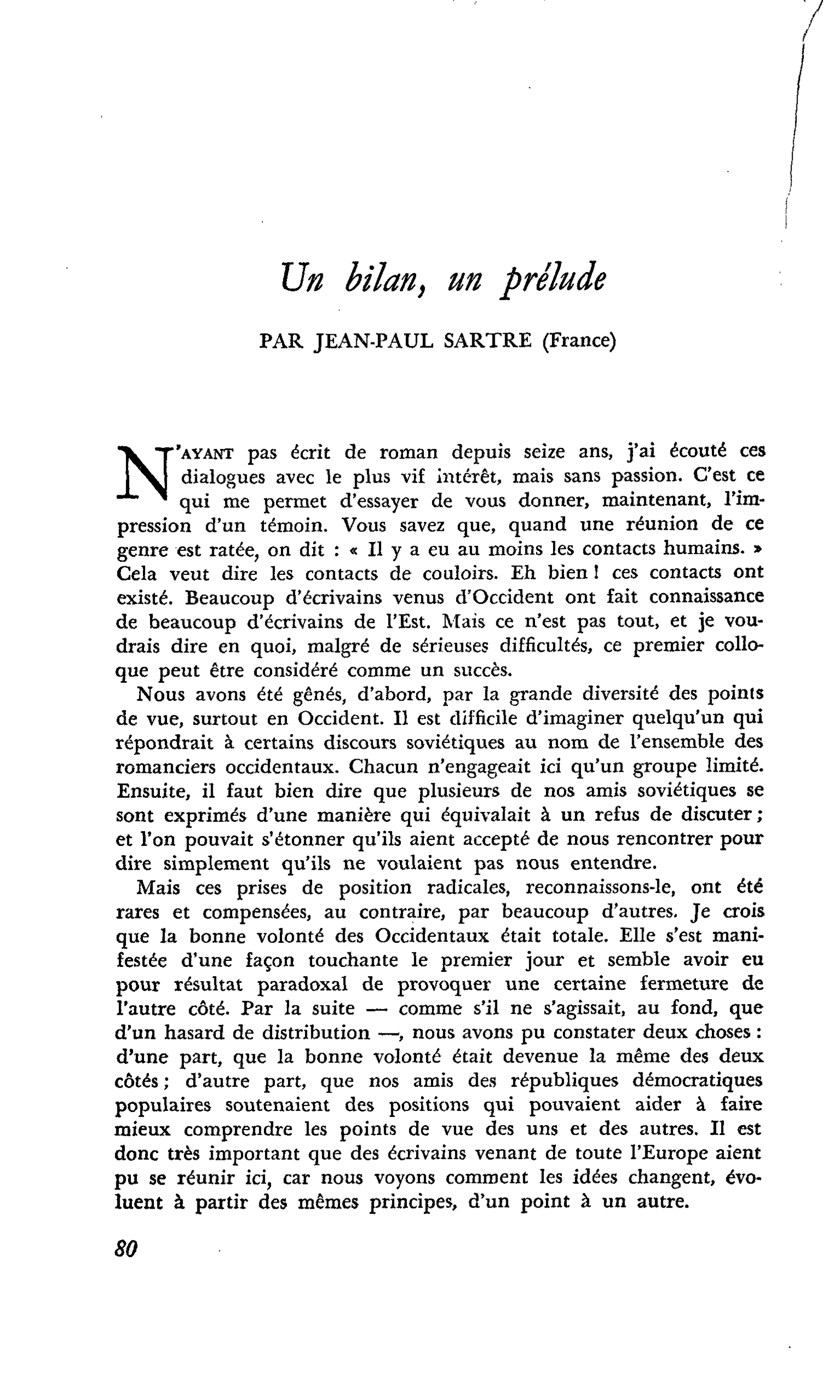 Un bilan, un prélude