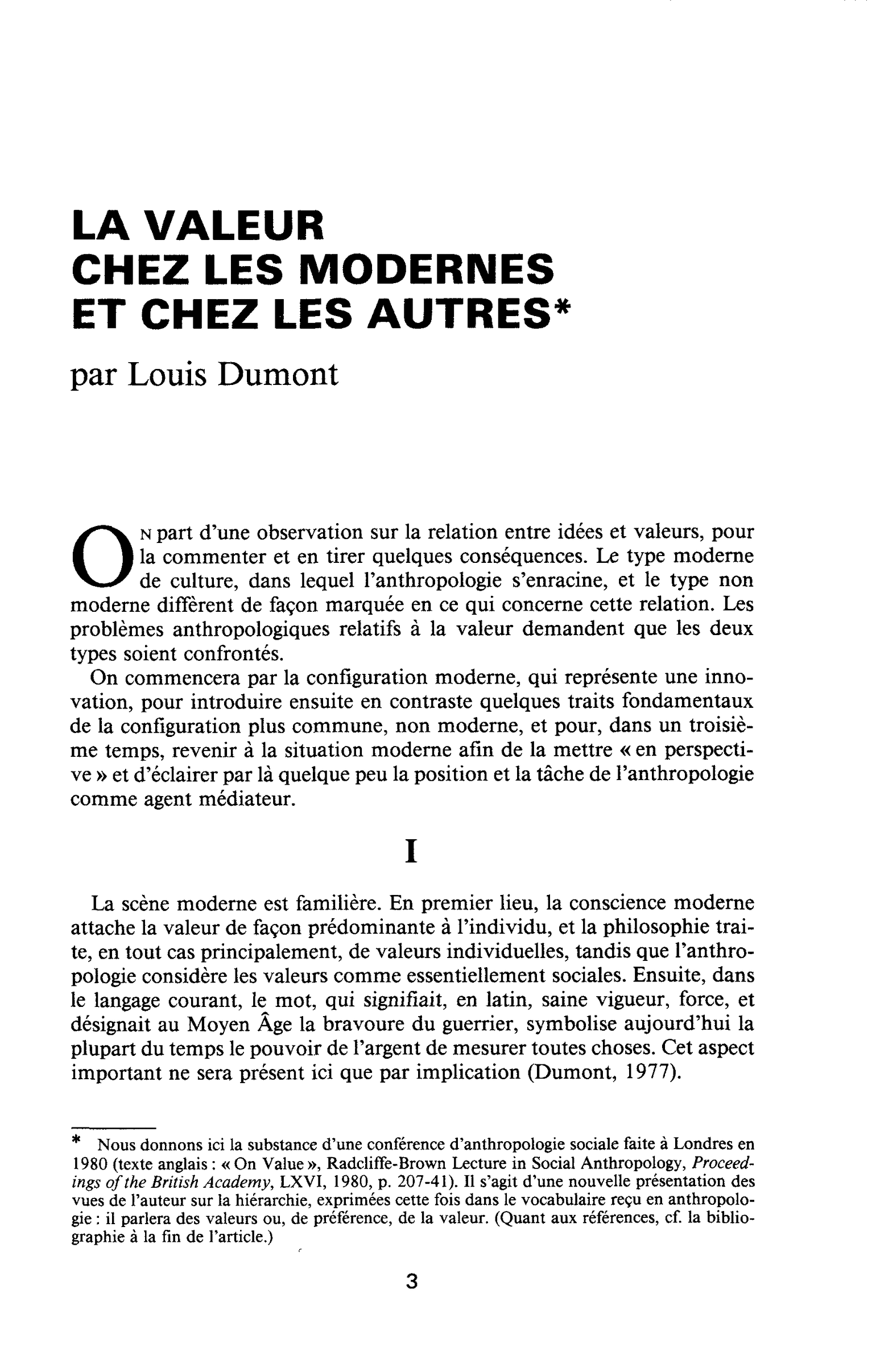 LA VALEUR CHEZ LES MODERNES ET CHEZ LES AUTRES