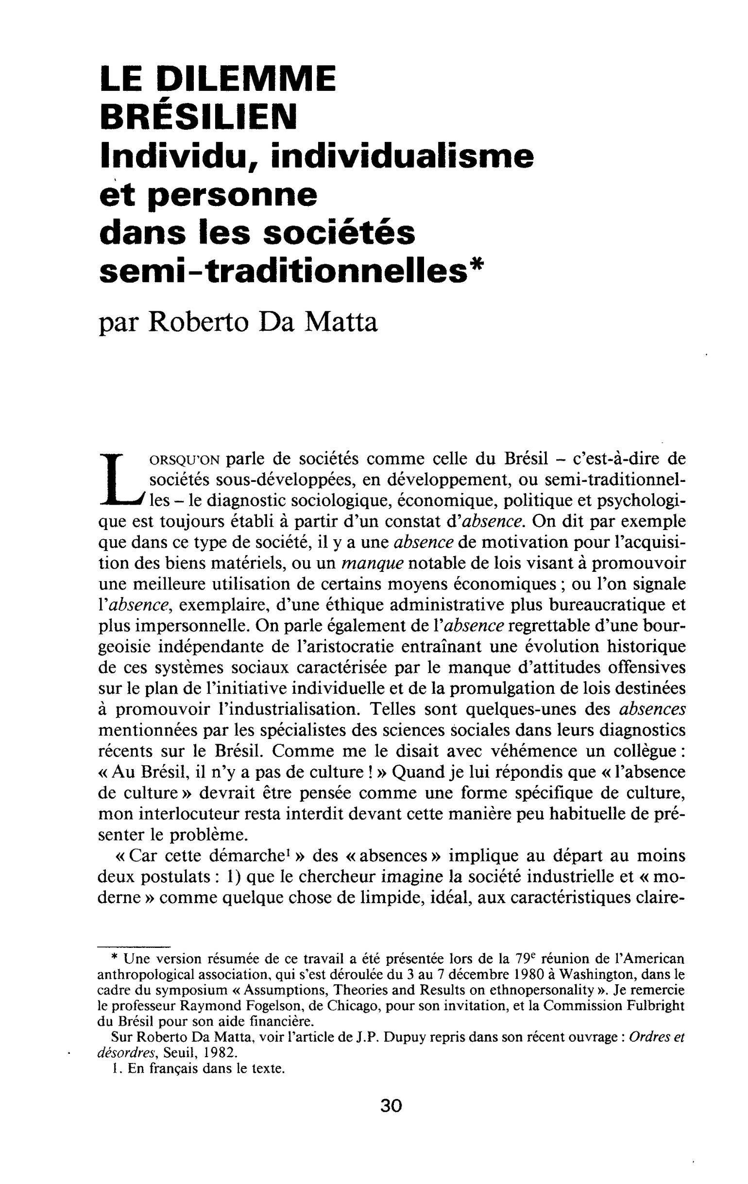 LE DILEMME BRÉSILIEN. Individu, individualisme et personne dans les sociétés semi-traditionnelles