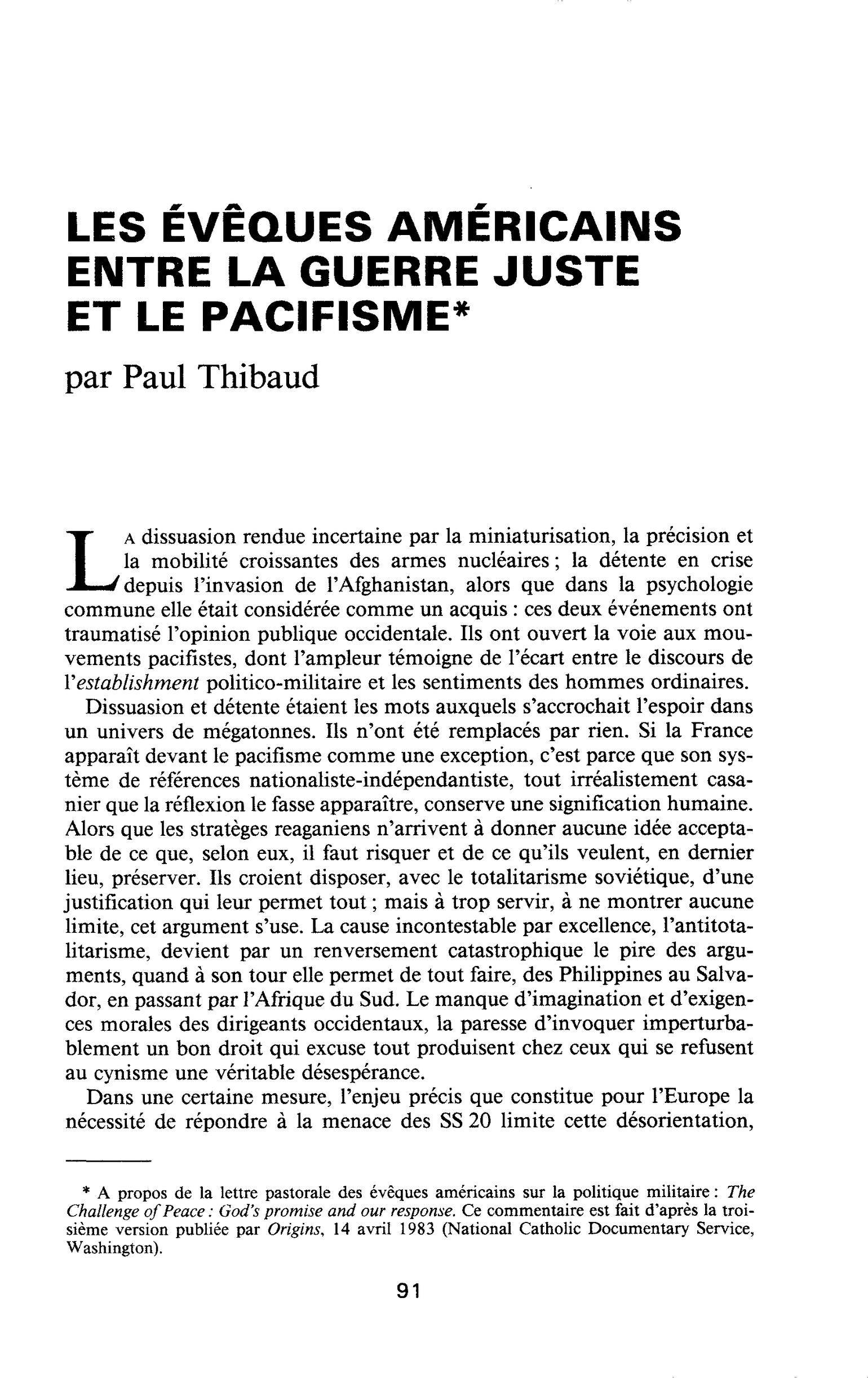 LES ÉVEQUES AMERICAINS ENTRE LA GUERRE JUSTE ET LE PACIFISME