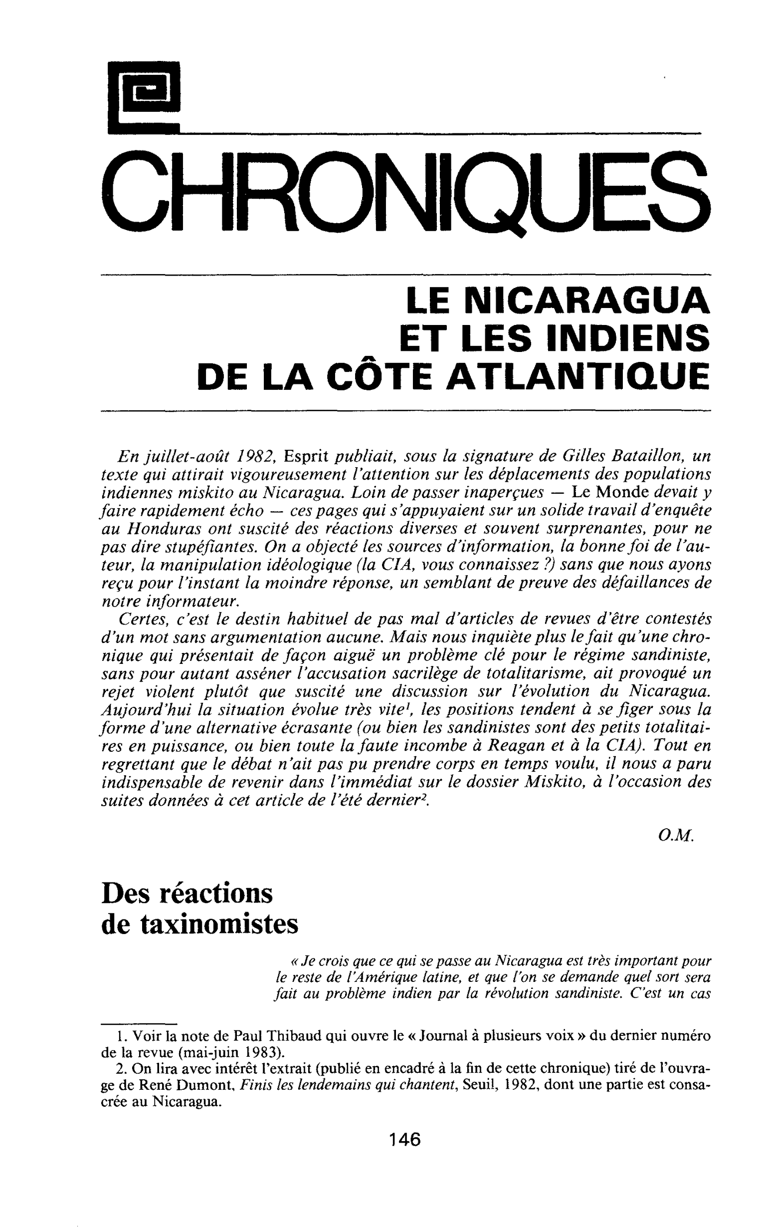 LE NICARAGUA ET LES INDIENS DE LA CÔTE ATLANTIQUE