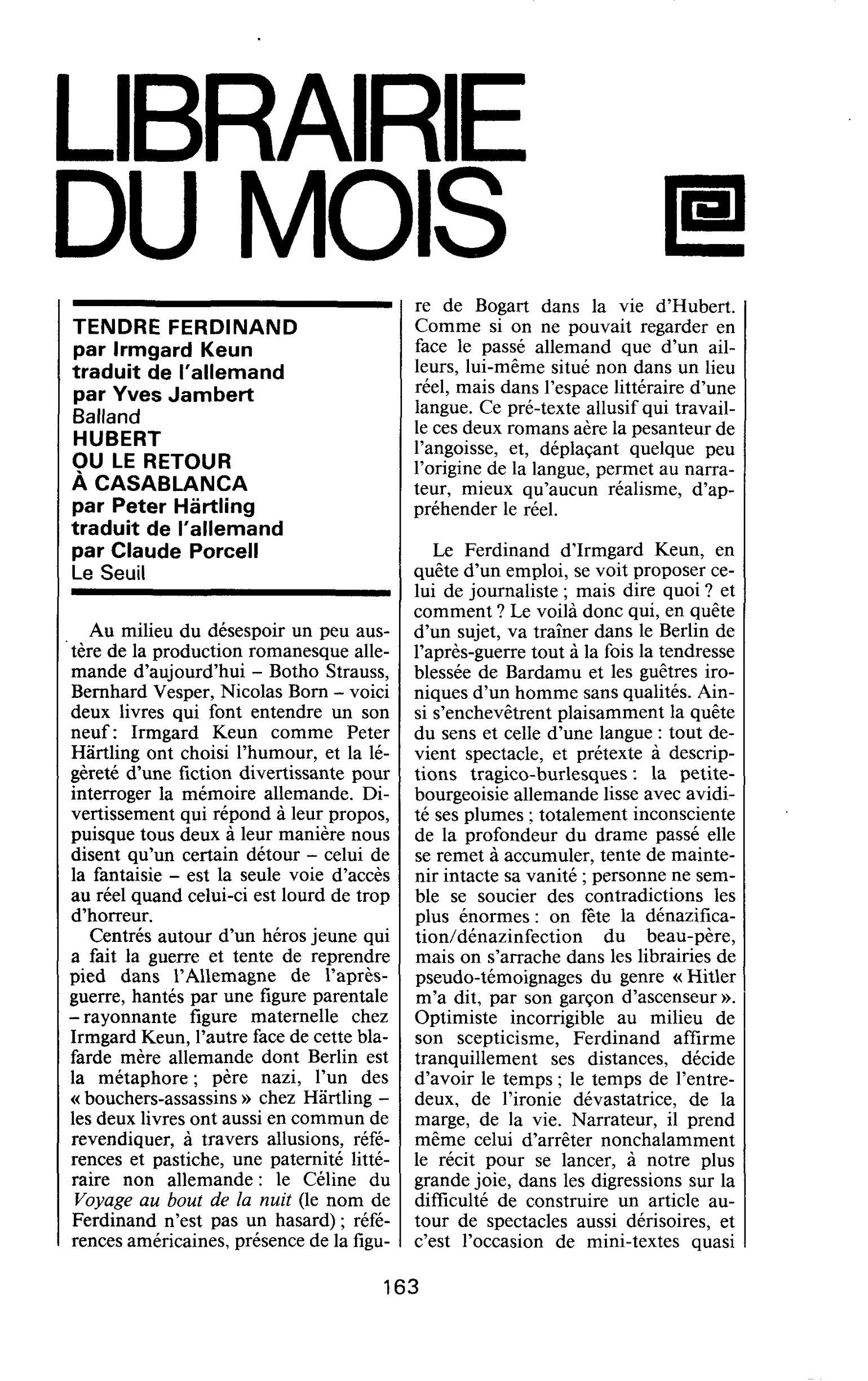 TENDRE FERDINAND, par Irmgard Keun. HUBERT OU LE RETOUR À CASABLANCA par Peter Härtling