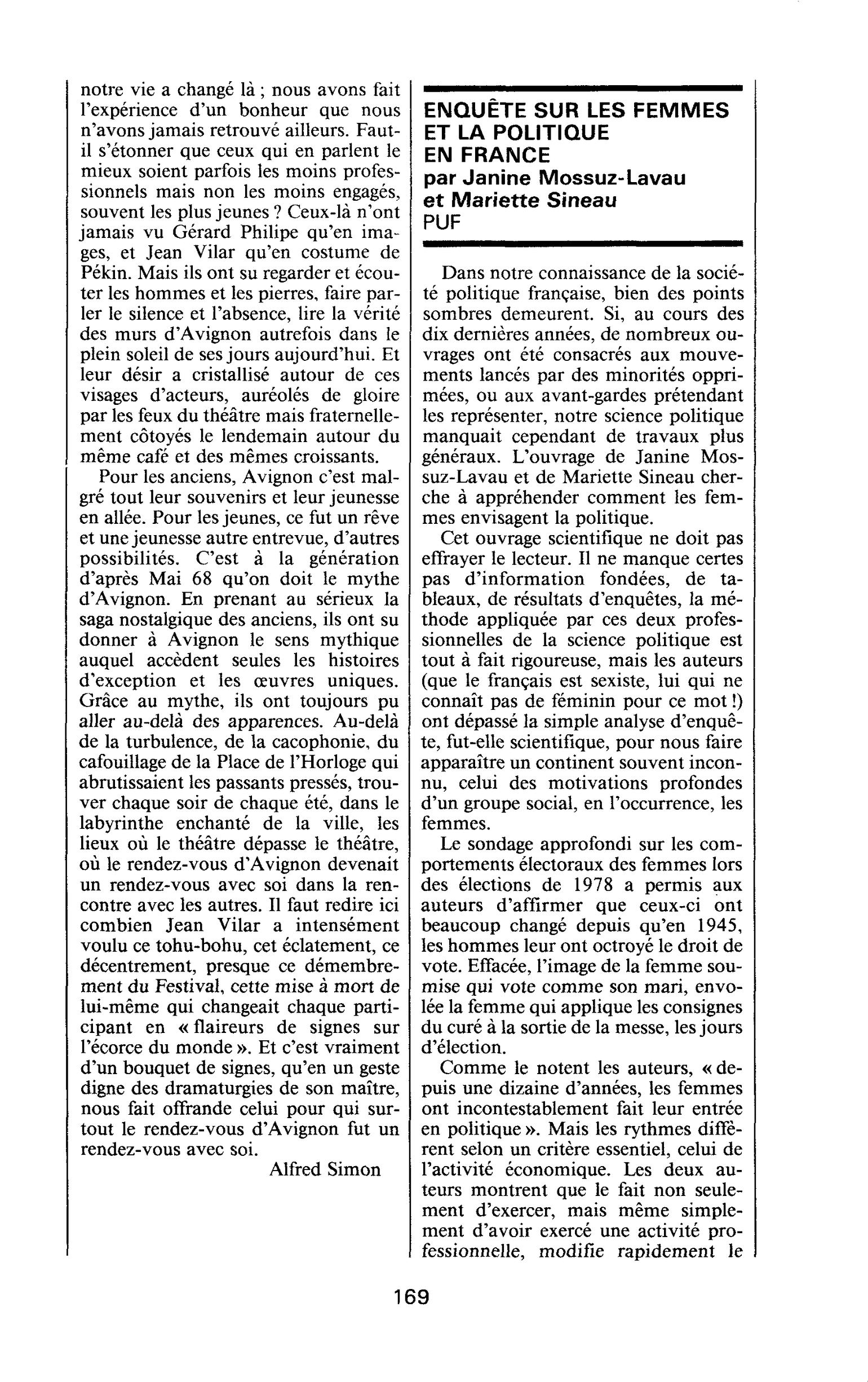 ENQUETE SUR LES FEMMES ET LA POLITIQUE EN FRANCE par Janine Mossuz-Lavau et Mariette Sineau