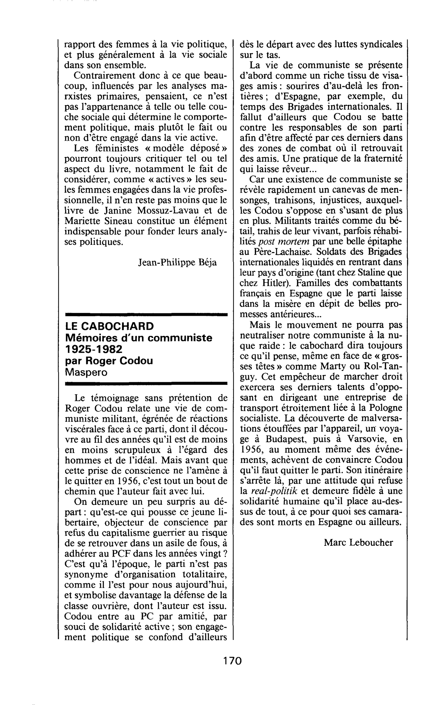 LE CABOCHARD. Mémoires d’un communiste 1925-1982 par Roger Codou
