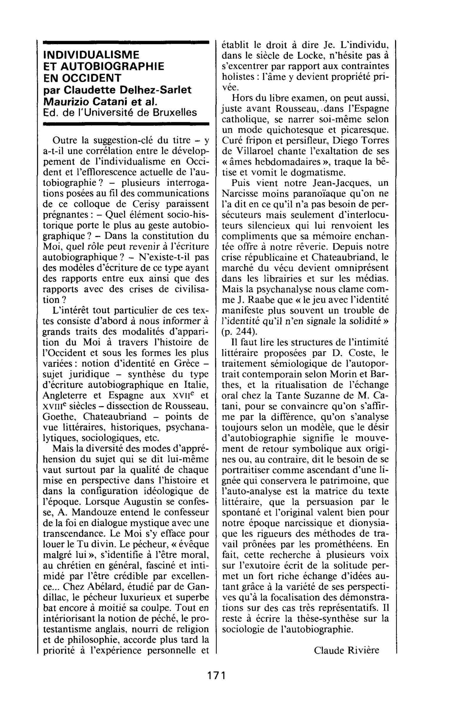 INDIVIDUALISME ET AUTOBIOGRAPHIE EN OCCIDENT par Claudette Delhez-Sarlet Maurizio Catani et al.