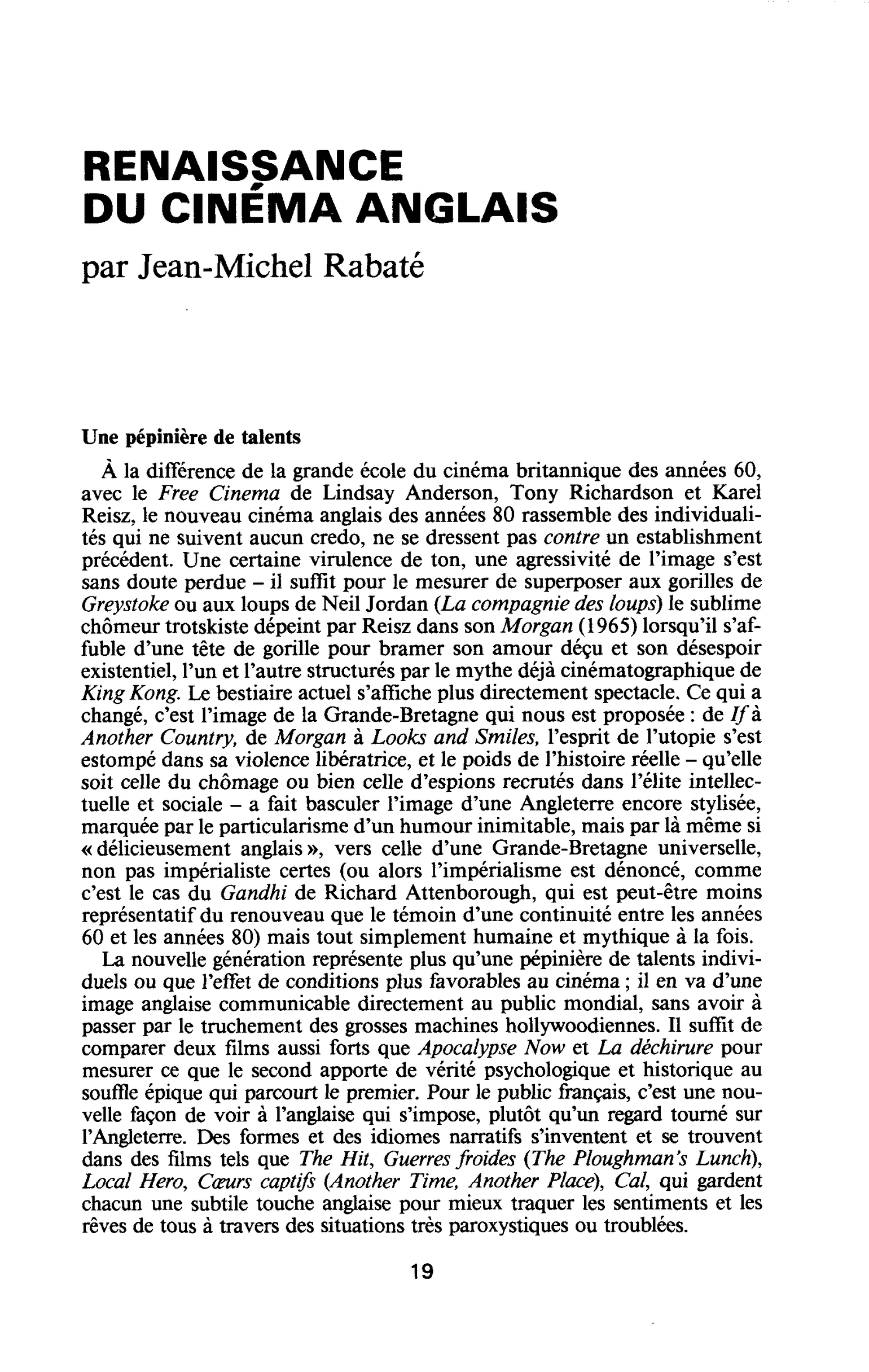 RENAISSANCE DU CINÉMA ANGLAIS