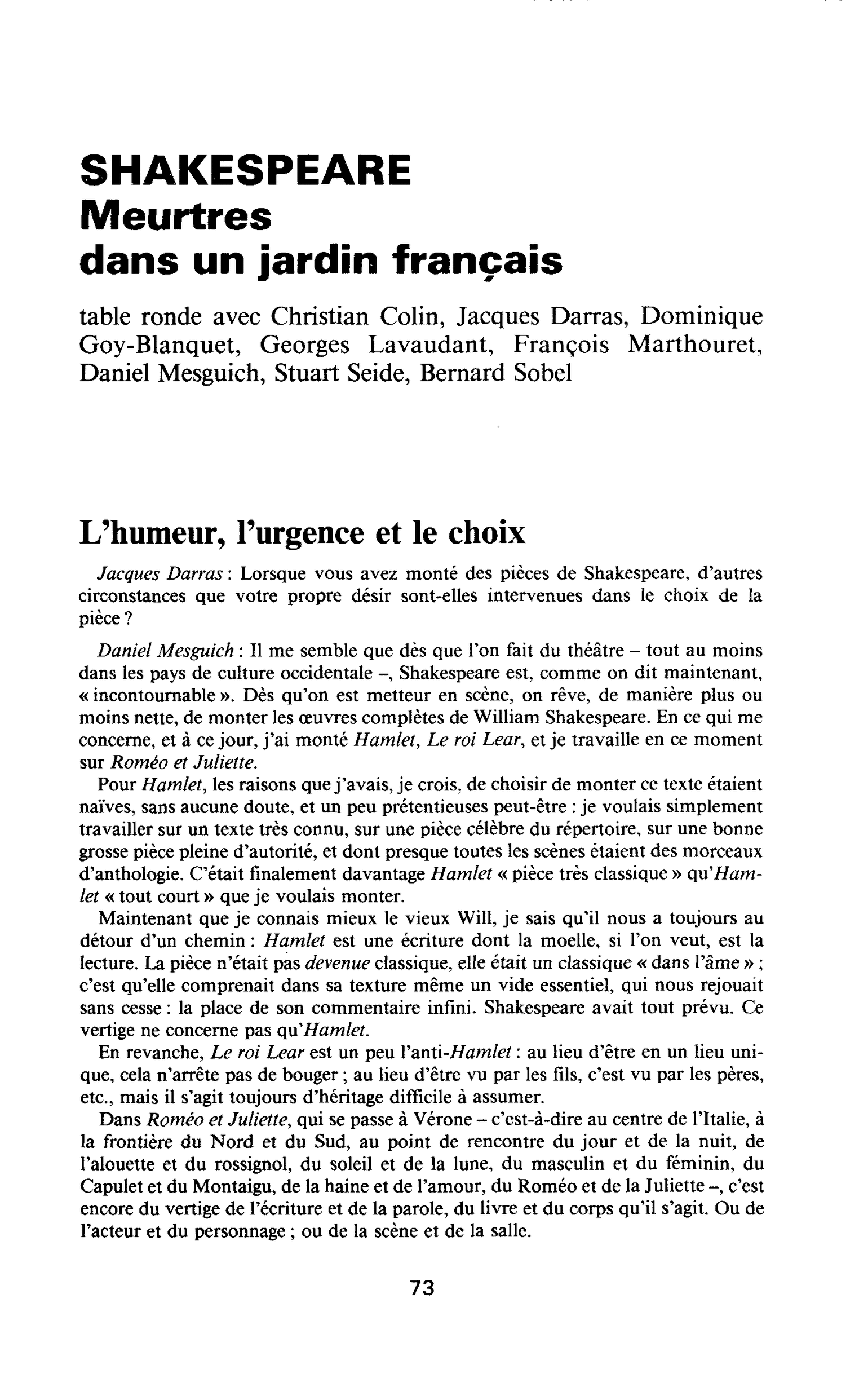 SHAKESPEARE. Meurtres dans un jardin français