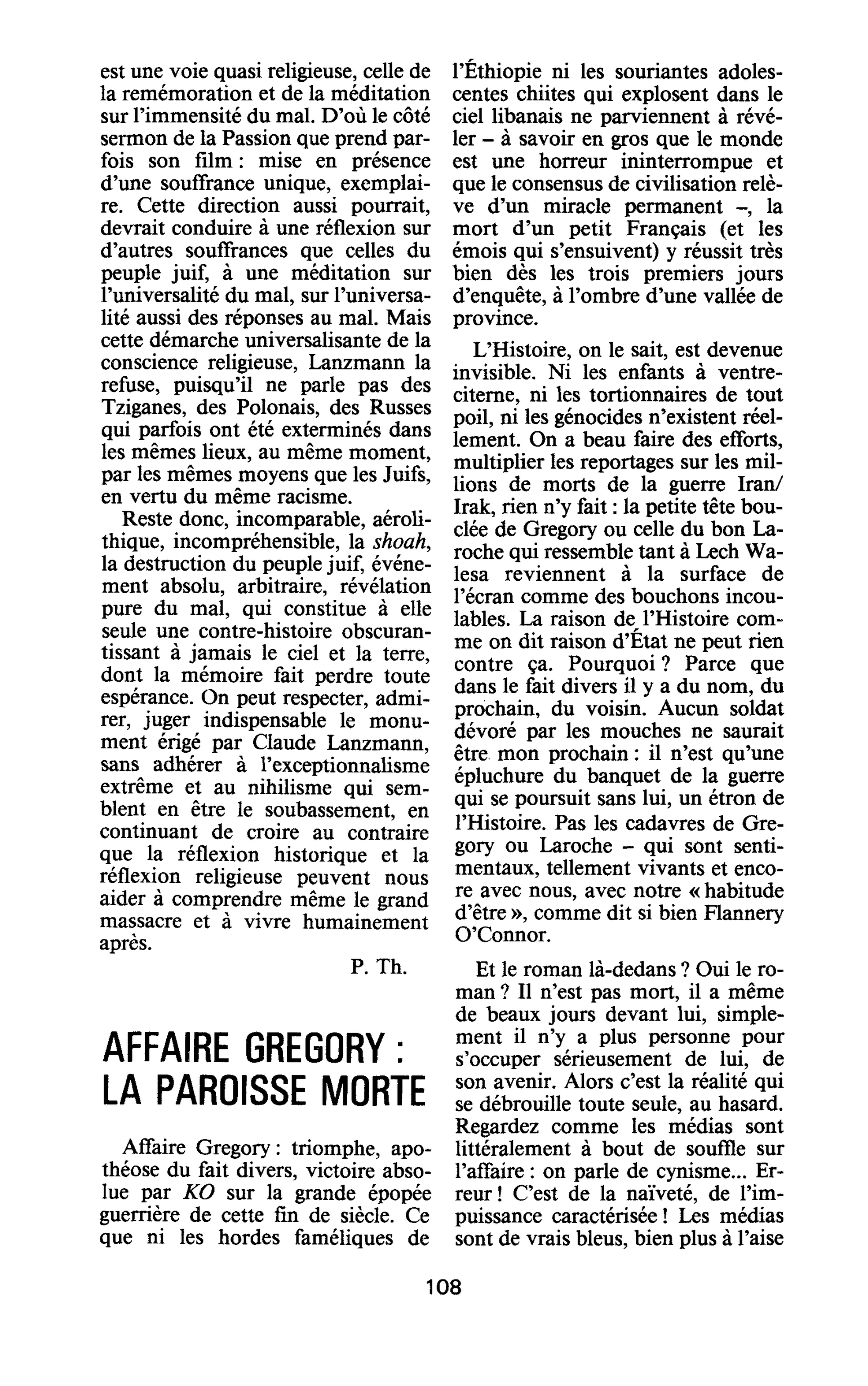 AFFAIRE GREGORY : LA PAROISSE MORTE