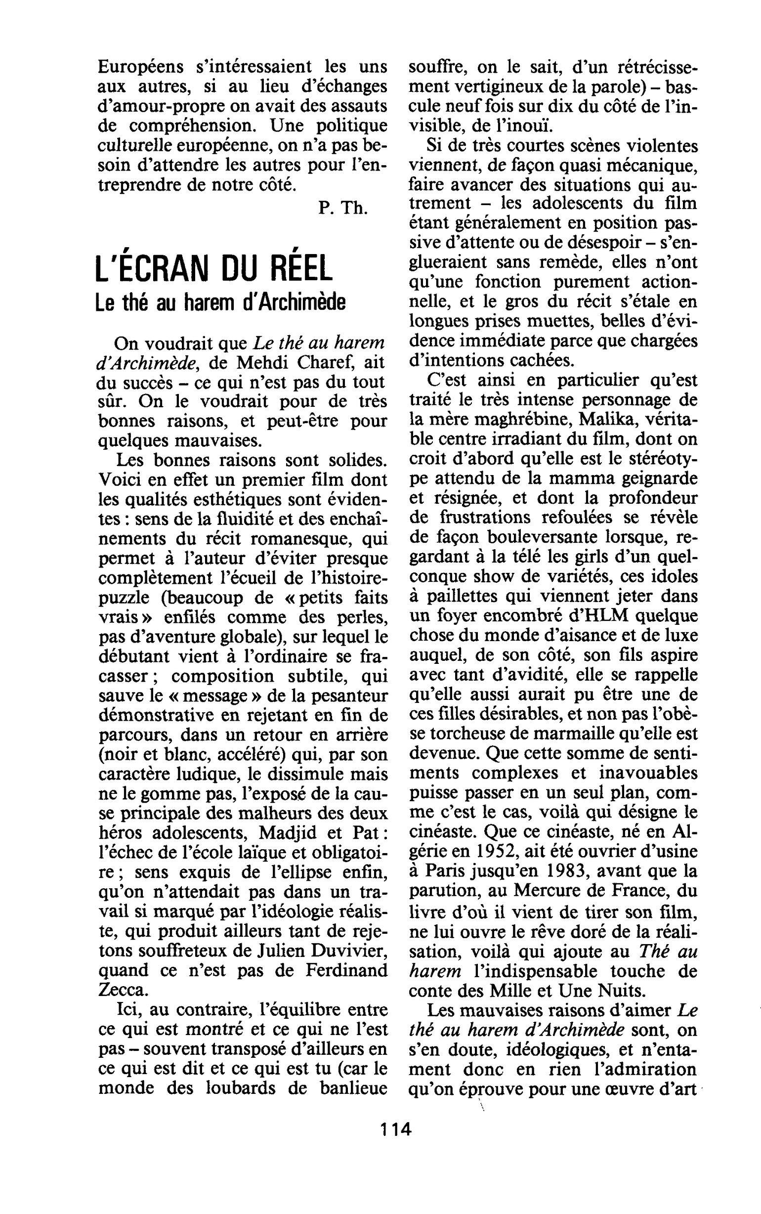 L’ÉCRAN DU RÉEL. Le thé au harem d’Archimède