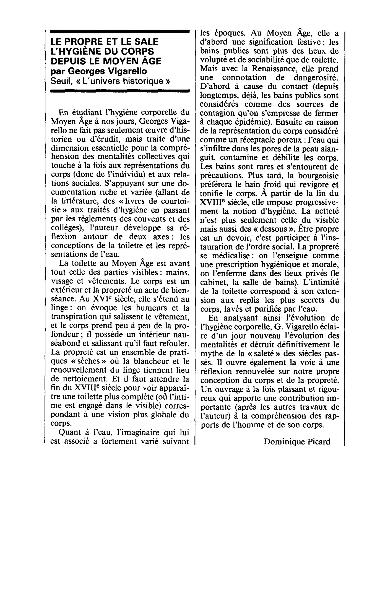 LE PROPRE ET LE SALE L’HYGIÈNE DU CORPS DEPUIS LE MOYEN ÂGE par Georges Vigarello
