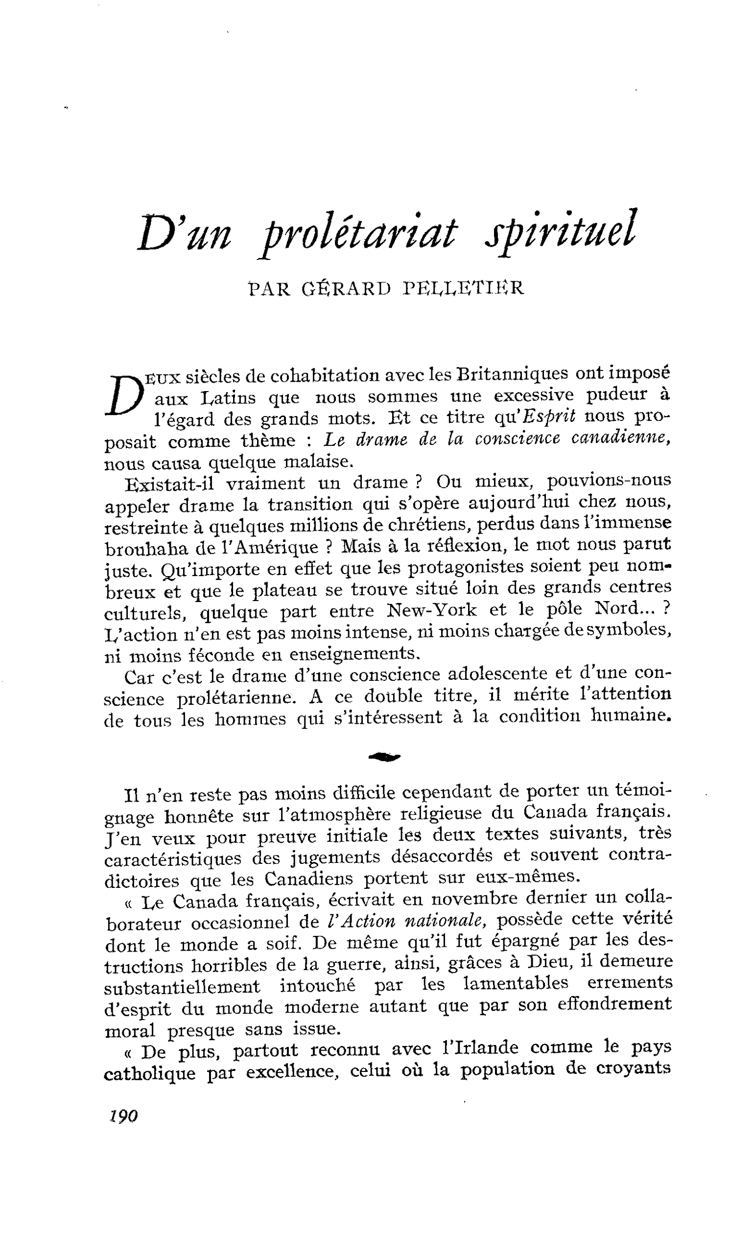 D’un prolétariat spirituel