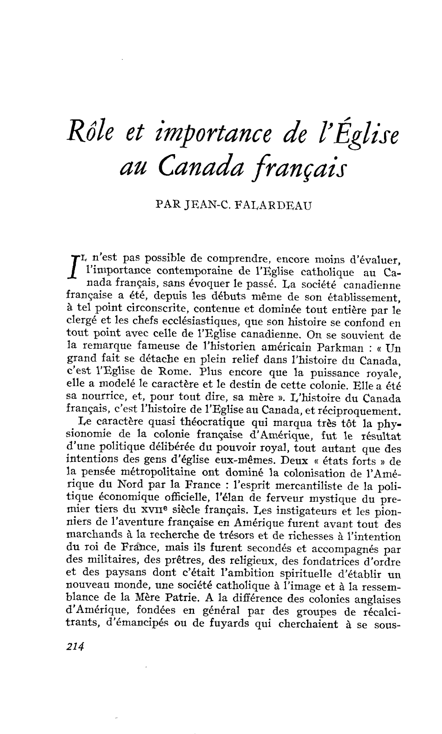 Rôle et importance de l’Eglise au Canada français