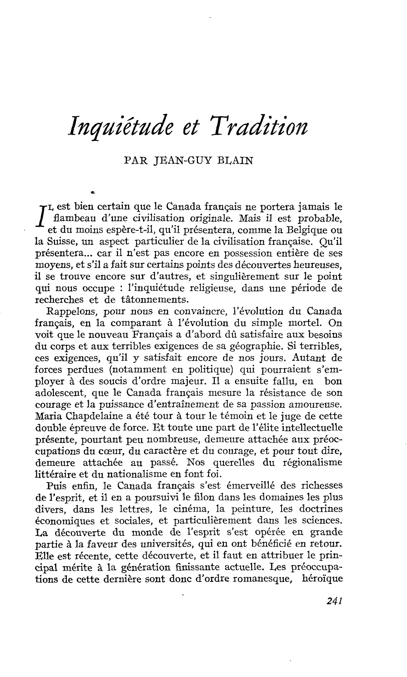 Inquiétude et Tradition