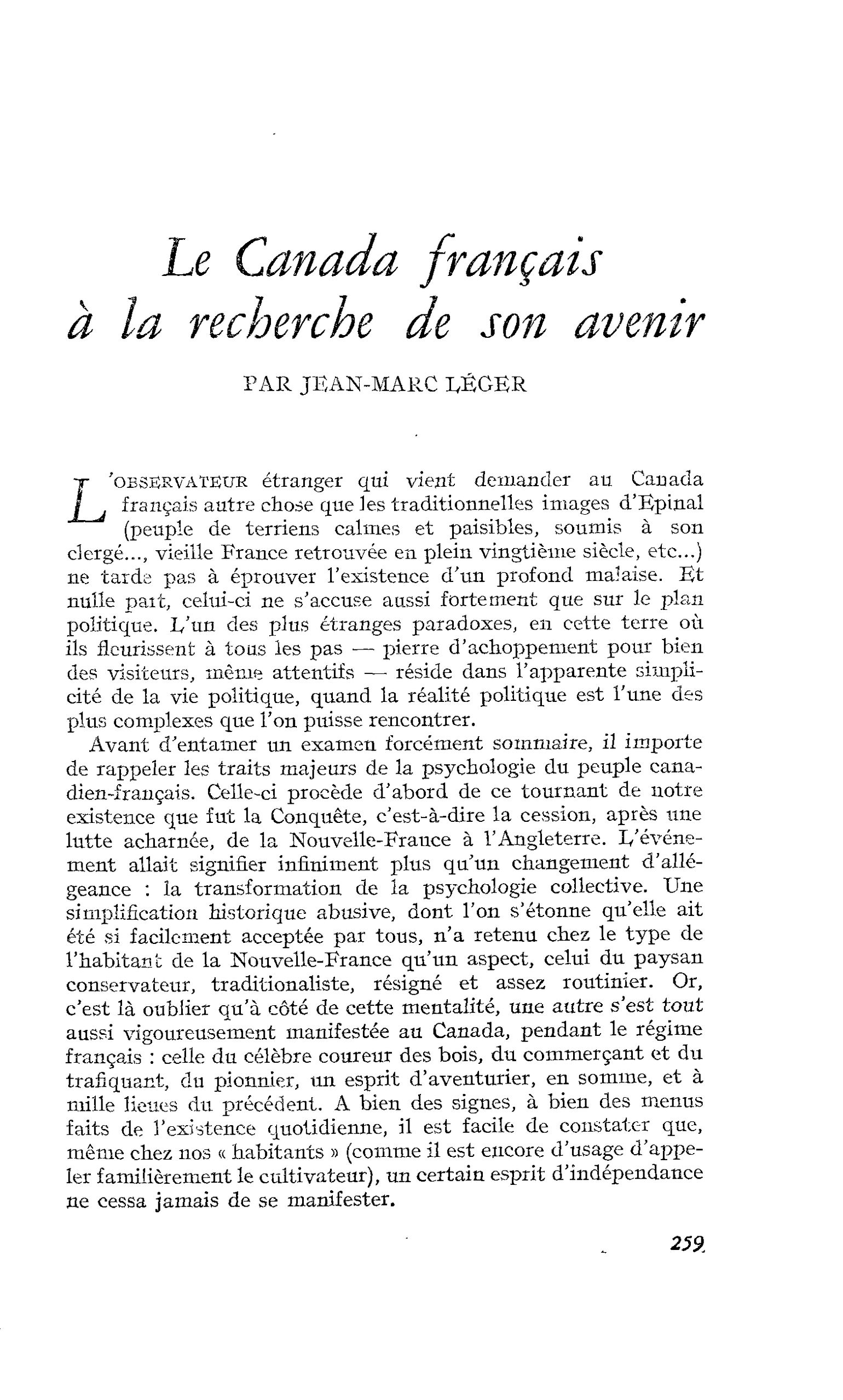 Le Canada français à la recherche de son avenir