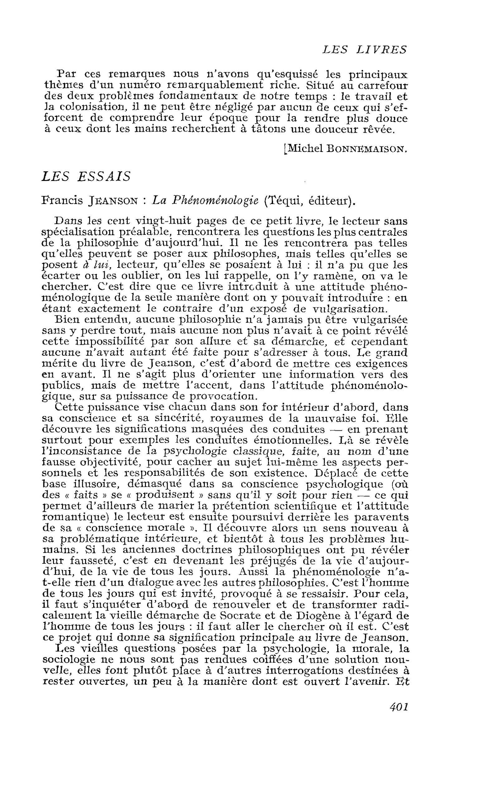 Francis Jeanson : La Phénoménologie